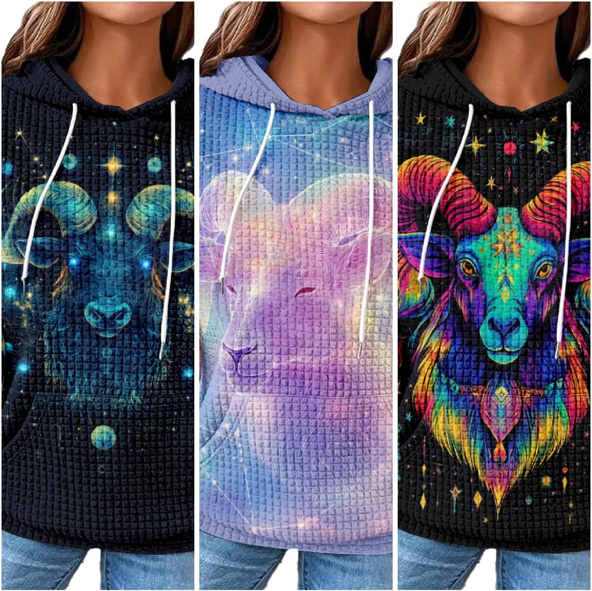 MARSVOVO Constellation Zodiac Graphic Hoodies for Women Gothic Waffle Sweatshirt Loose Casual Drawstring Fall Pullover - Image 2