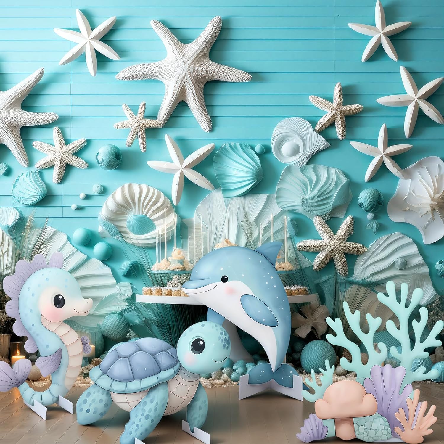 Weysat 4 Pcs Large Sea Party Stand Under The Sea Party Decorations Set 23-35 Inch Baby Shower Summer Turtle Seahorse Dolphin Coral Cutouts Birthday Favor for Baby Shower Photo Booth Prop