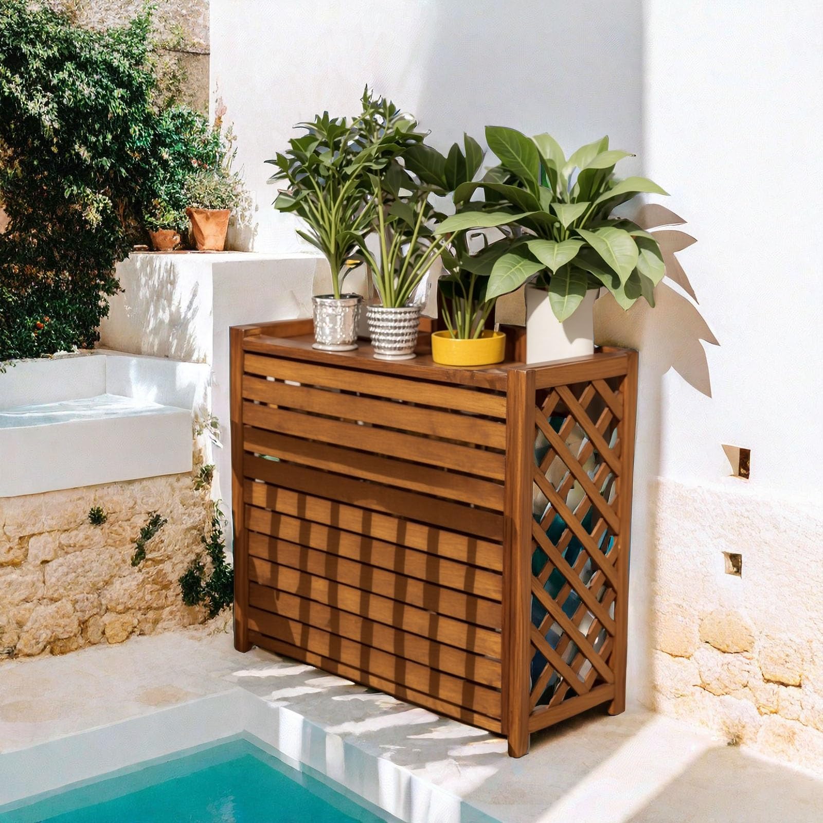 Copri Condizionatore Da Esterno Legno Copertura Condizionatore Esterno Legno Copricondizionatore Marrone Copertura Motore Condizionatore per Giardini E Balconi Supporti per Piante(100x44x93cm)
