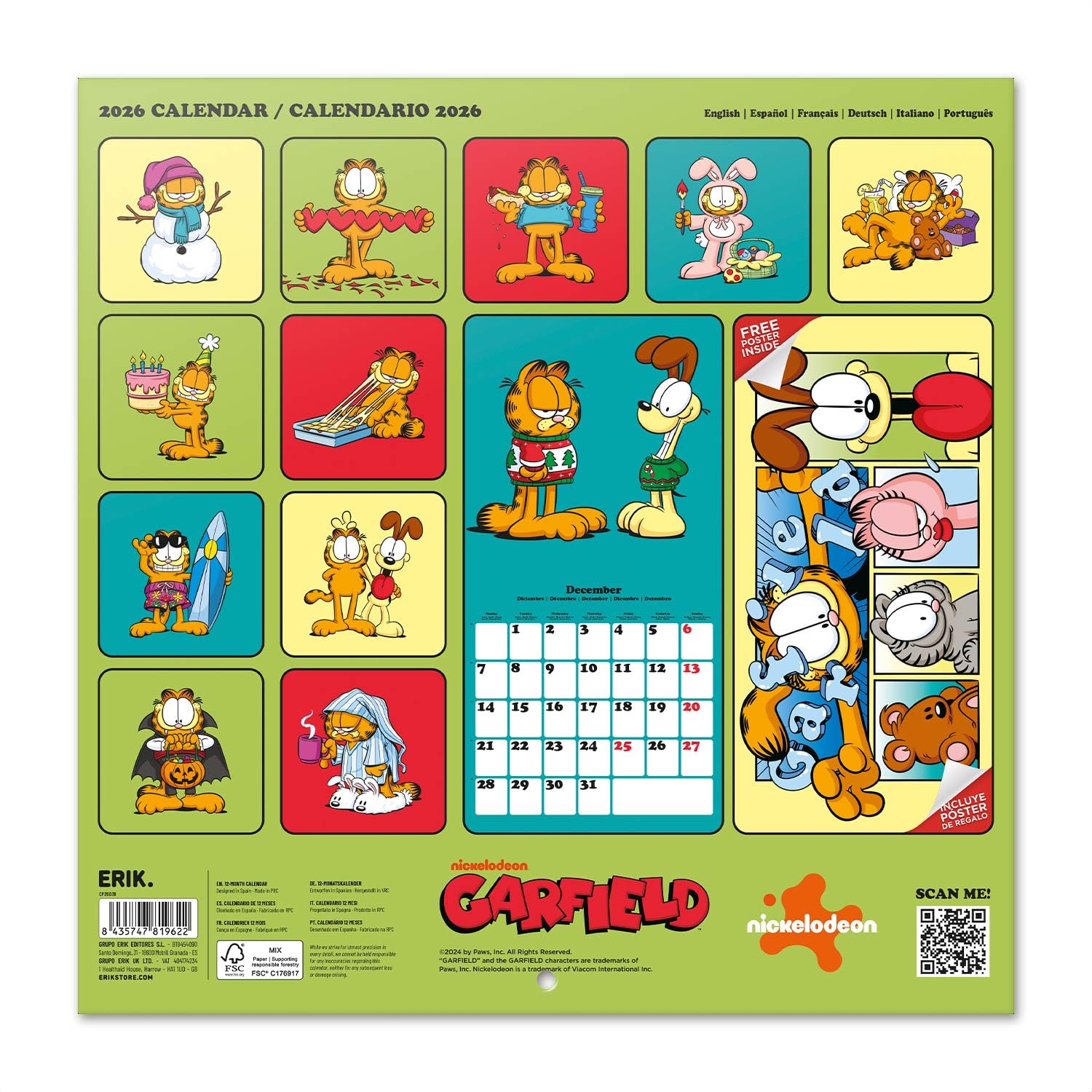 Grupo Erik Wall Calendar 2026 - Garfield Calendar 2026 | Square 30 x 30 cm - 12 x 12 inches Wall Planner, Family Planner Month To View | Garfield Gifts For Cat Lovers, Gifts For Friends