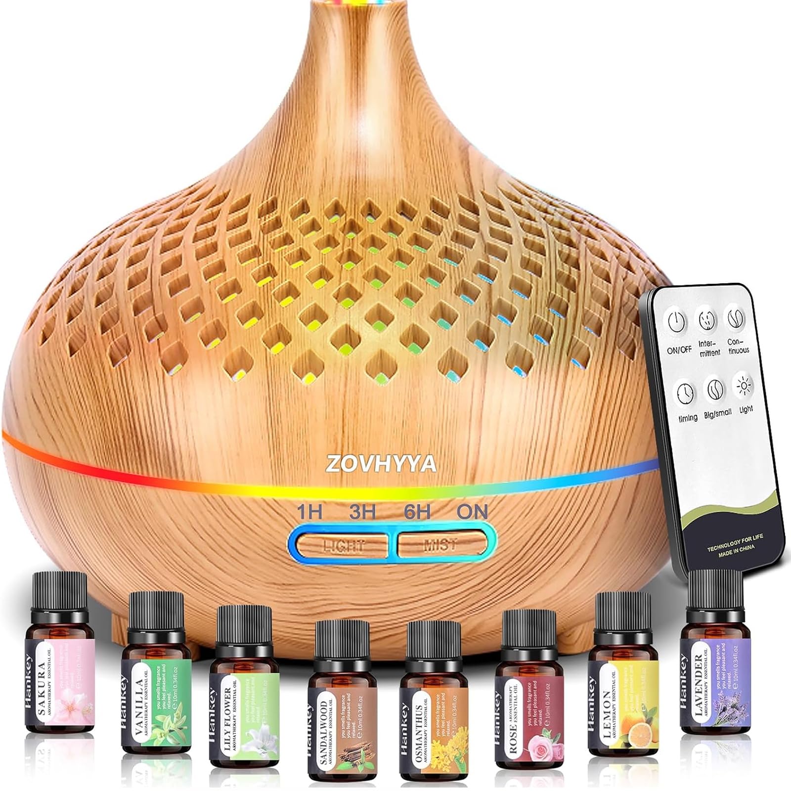 Diffusore di Oli Essenziali 500ml Diffusore per Ambienti Umidificatore Ambiente 4 Timer e 14 Colori LED Oli Essenziali Aromaterapia Diffusori per Casa
