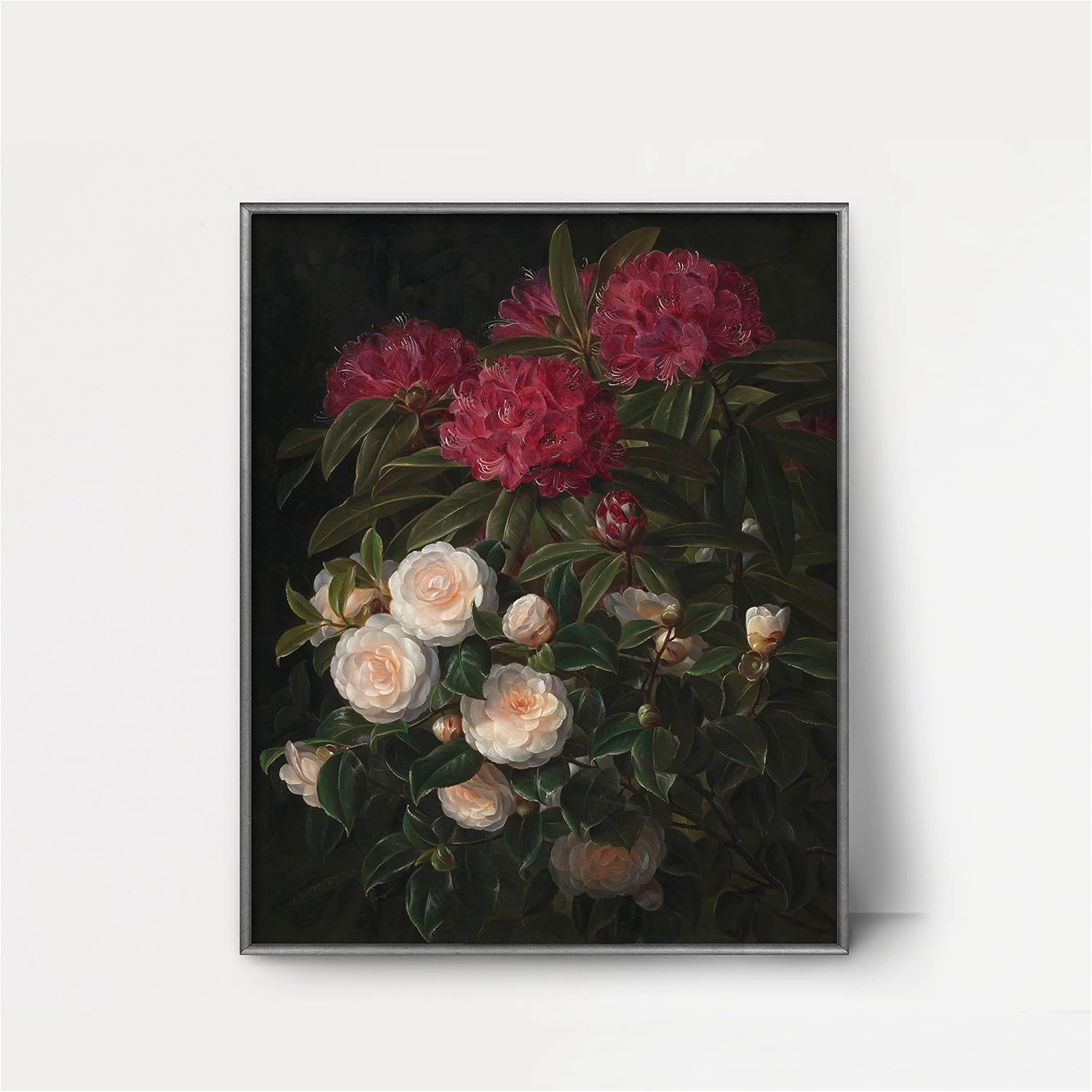 CLOUD NINE PRINTS | Camellia and Rhododendron Print, Topical Still Life - Pink Flower Wall Art, Dark Summer Decor, Scandinavian Botanical Art (5x7 Inch Print - Unframed)