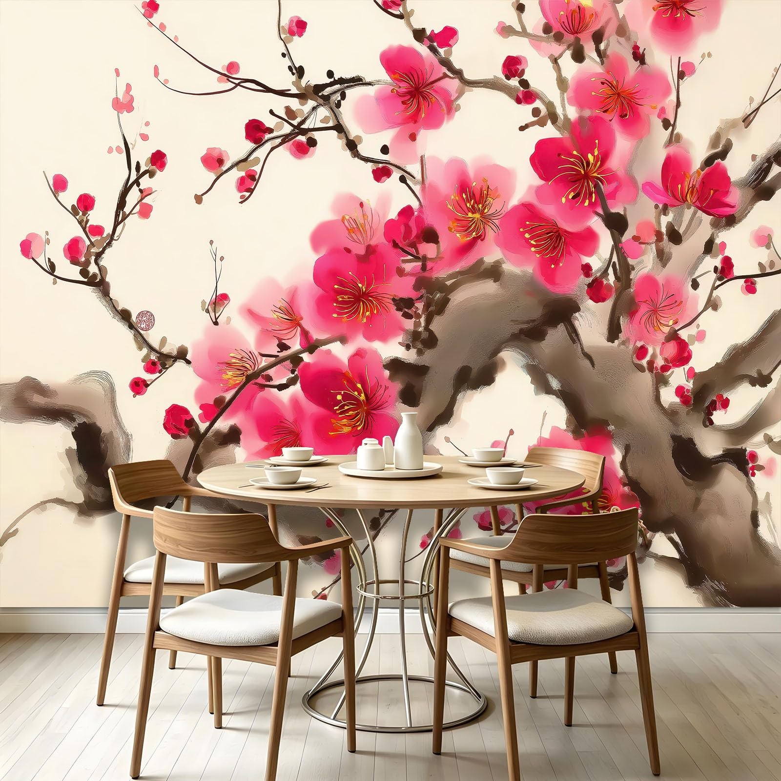Fototapeta 3D – 350 x 256 cm, kwiaty, kwiat brzoskwini, wzór gałęzi, włóknina, wysokiej jakości polar, fototapeta, możliwość prania atramentu, elegancki wzór, do salonu, sypialni, kuchni, korytarza