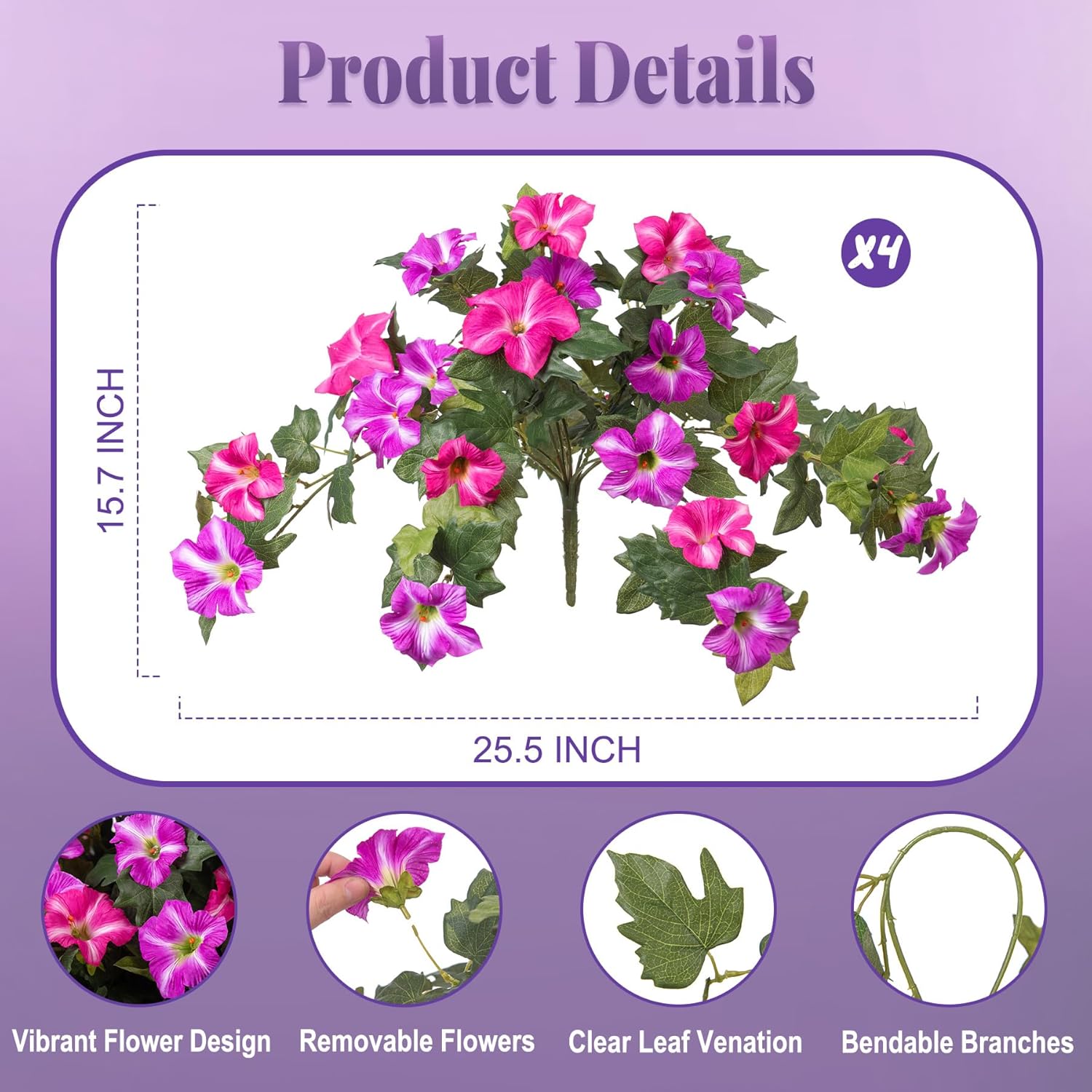 4 Pcs Artificial Fake Petunia Flowers for Outdoor Decoration, Faux Silk Petunias Flower for Spring UV Resistant Realistic Plants for Garden Balcony Yard Porch Indoor Decor(Fuchsia Lotus) - Image 2