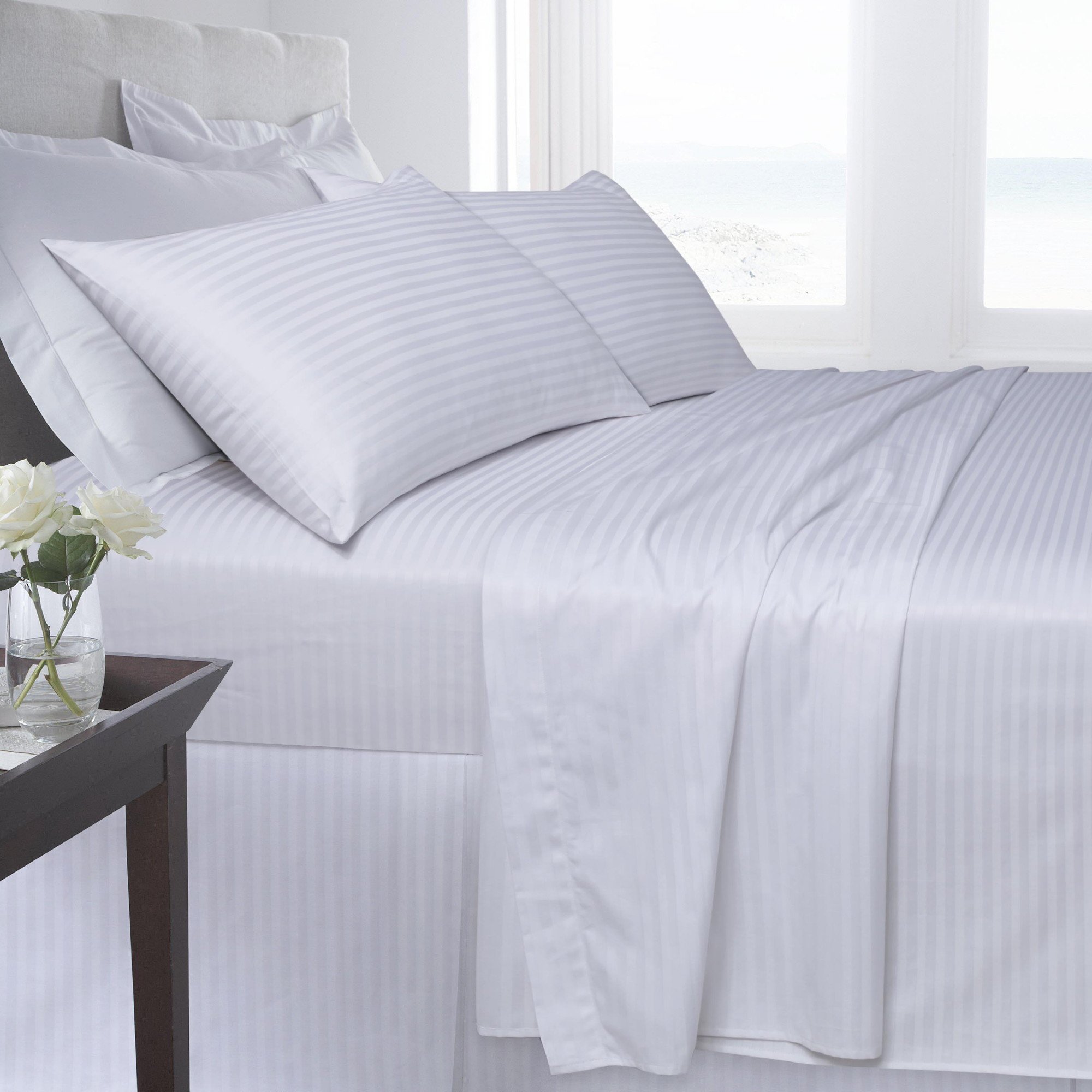 GoldStar® Egyptian Cotton Satin Stripe 250 Thread Flat Bed Sheet Bed Linen, Double, White