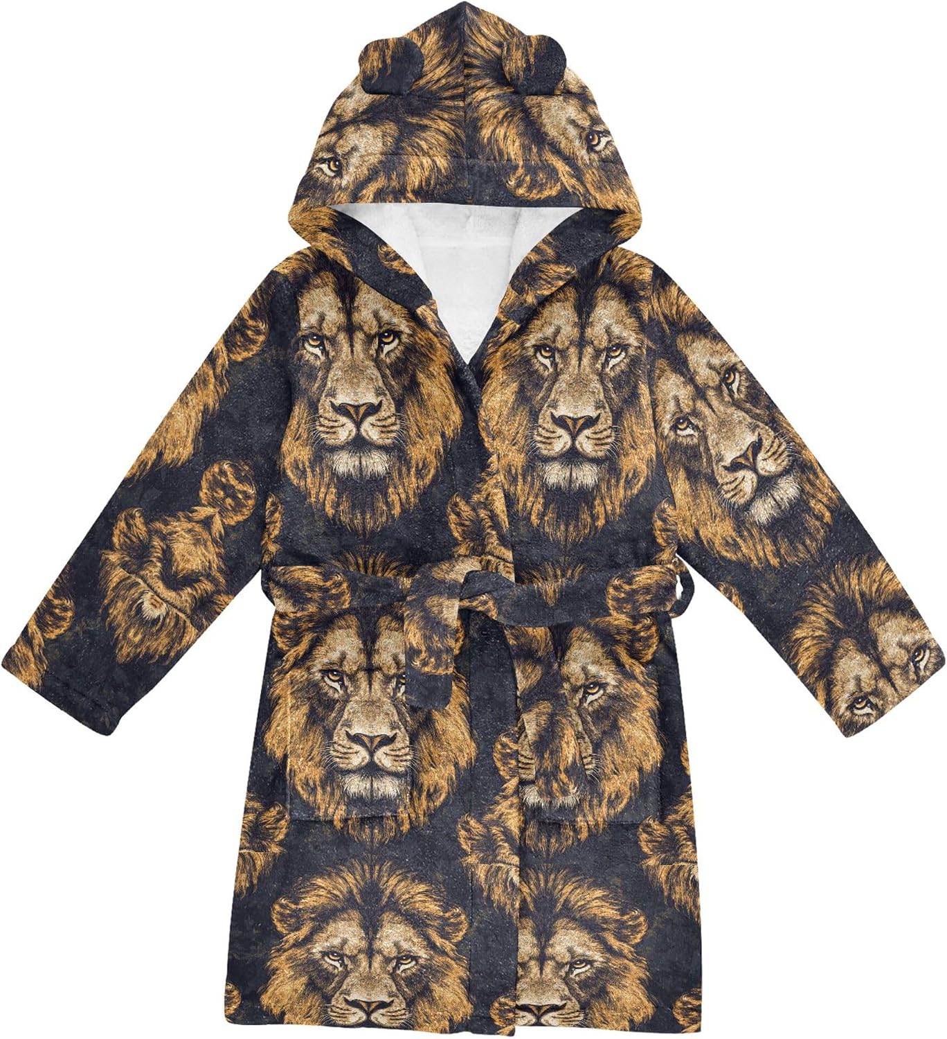 Lion Animals Vintage Bathrobe Hooded PJ Robe Soft Fleece Robe Pajama Sleepwear 2-12 Years