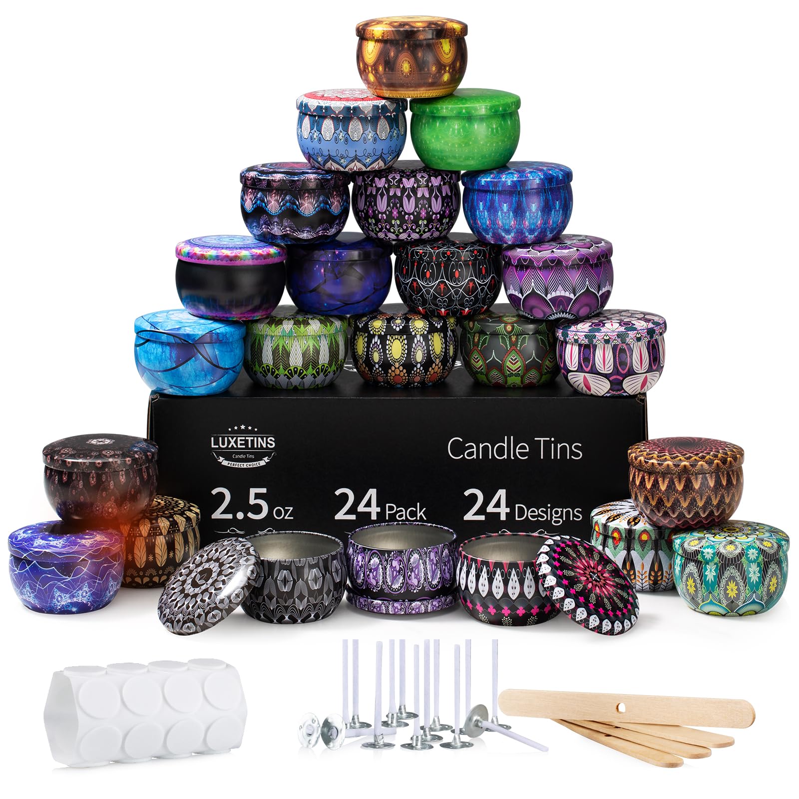 Luxetins - Paquete de 24 latas vacías para velas (24 diseños), latas de metal con tapa, frascos para velas, mechas, pegatinas y soportes para mechas, ideal para manualidades y pequeñas empresas (2,5 oz, 24 unidades)