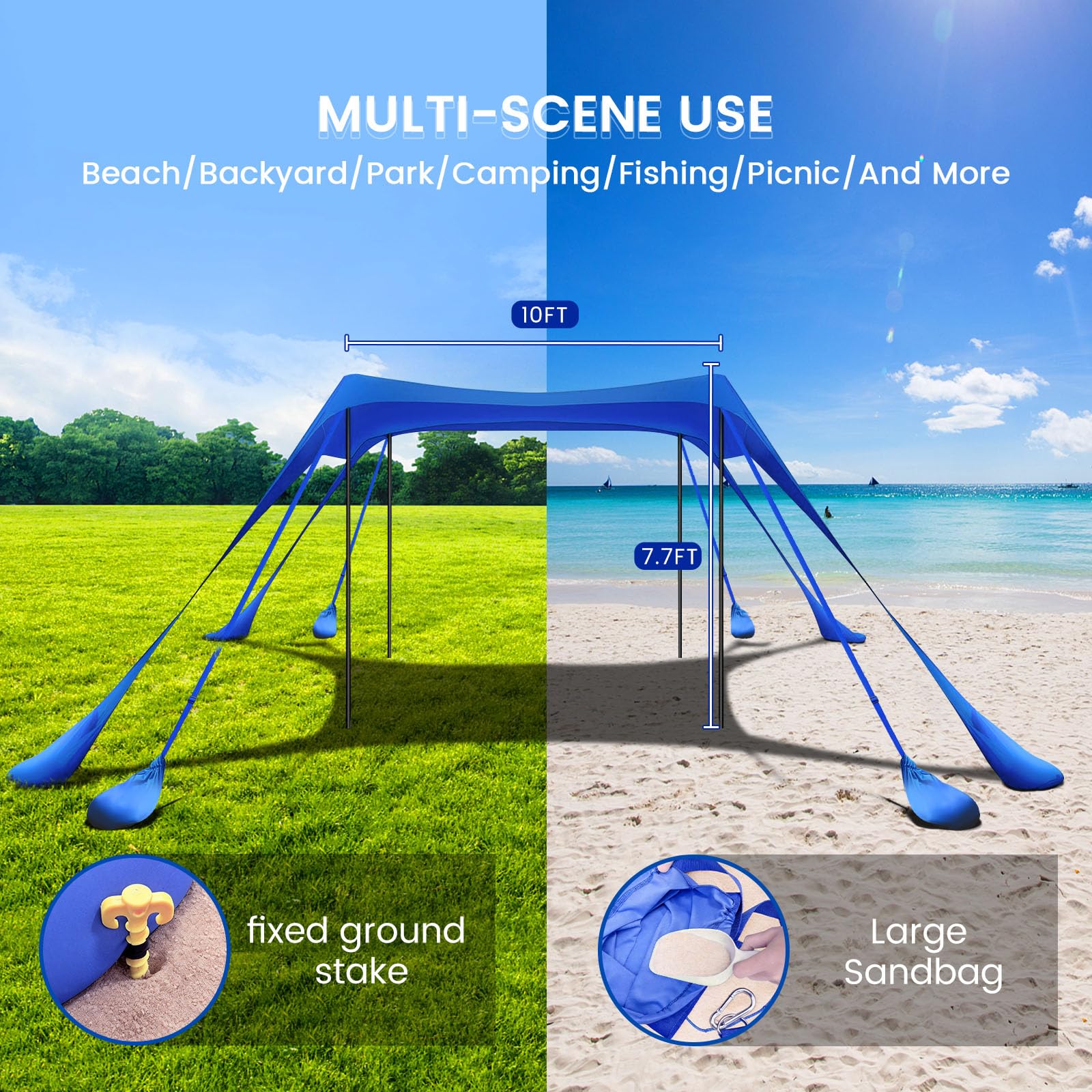 besuhot Beach Tent Sun Shelter 10x10FT Beach Shade Canopy with 8 Sandbags, UPF 50+ Protection Beach Shade Canopy, Outdoor Tent for Beach Camping Trips, Fishing, Backyard - 5
