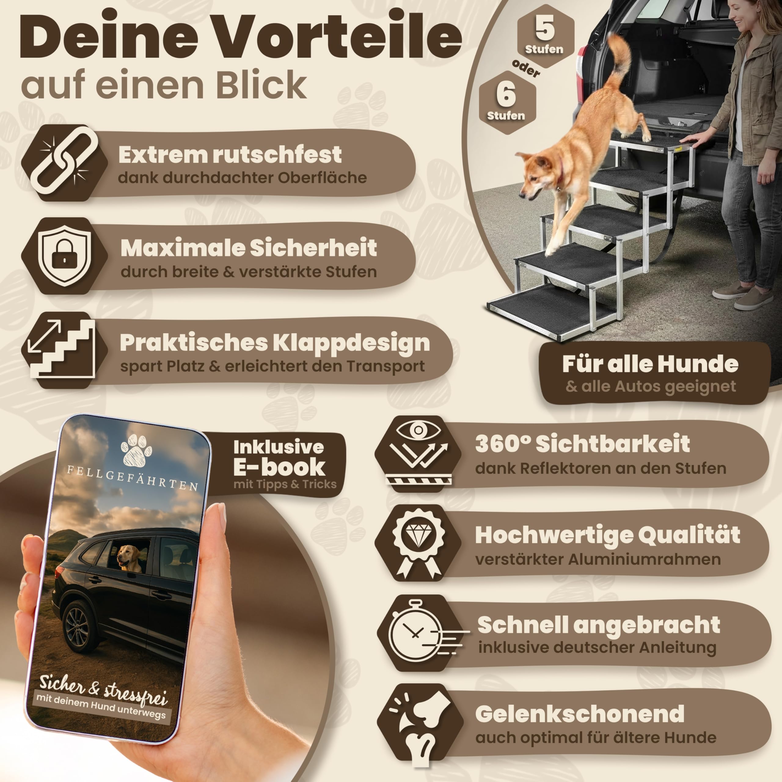 Hundetreppe Auto klappbar & Hunderampe – stabile, rutschfeste Einstiegshilfe für große Hunde mit Reflektoren, in 2 Größen erhältlich