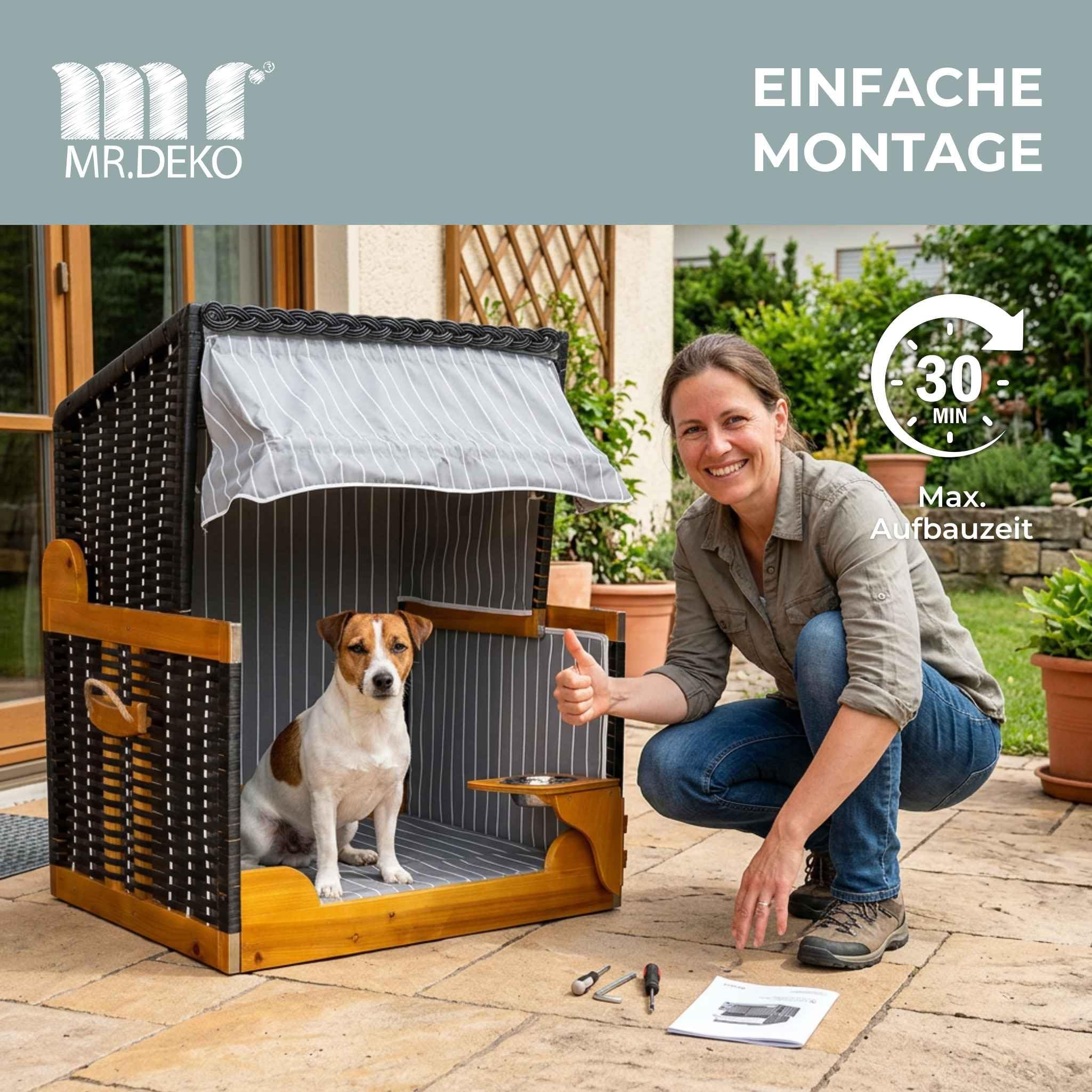 MR. Deko® Silla Playa Perros Juniper PE Negro Rayas Antracita - Protección Solar y Funda Protectora - Cama y Comedero Giratorio Mascotas | Incluye cuenco de agua de acero inoxidable
