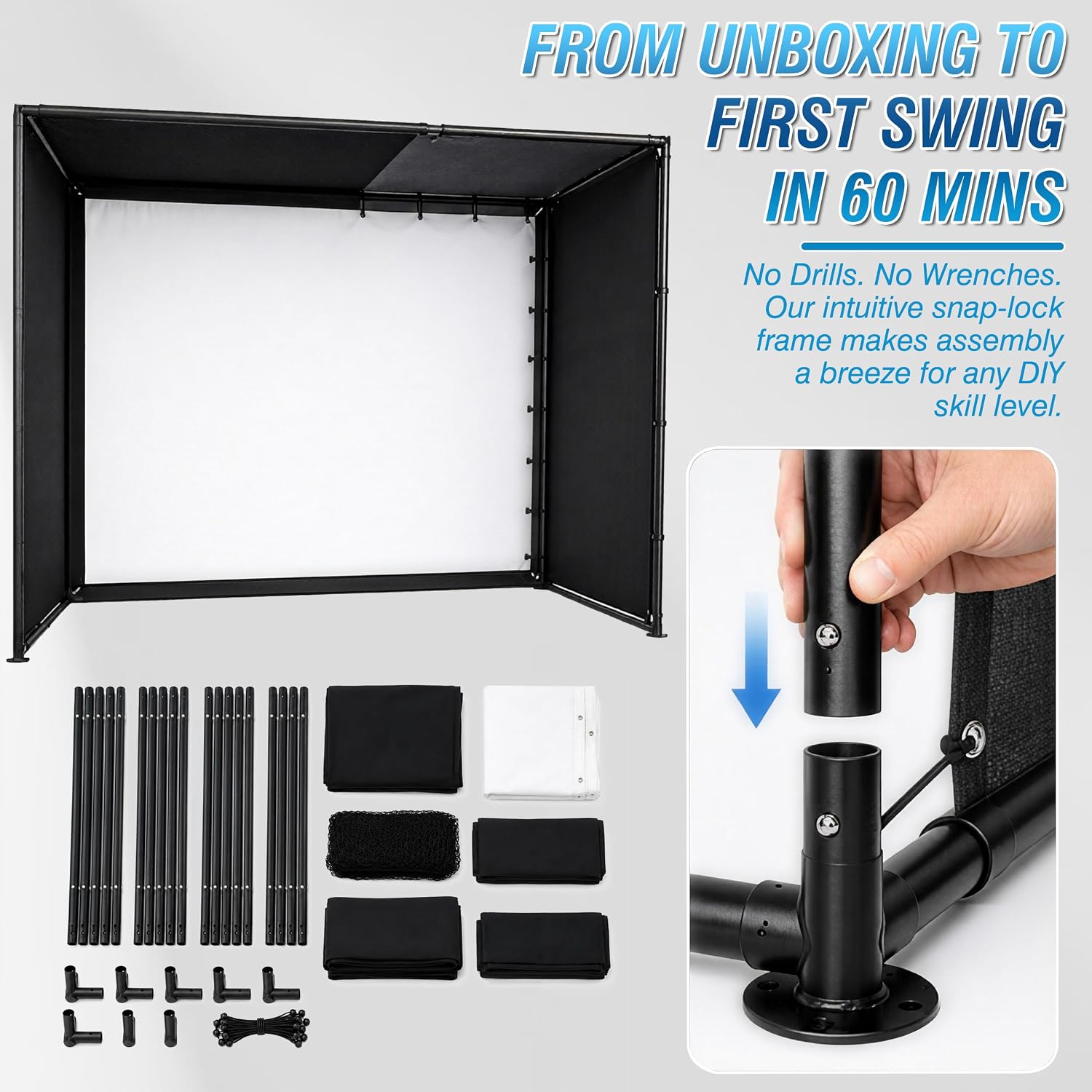 CAMINI Golf Simulator Enclosure 10x8 FT with Dual Layer Impact Screen | Complete Home Golf Simulator Cage with Steel Frame, Foam Padded Protection and Side Safety Nets for Garage Basement Golf Room