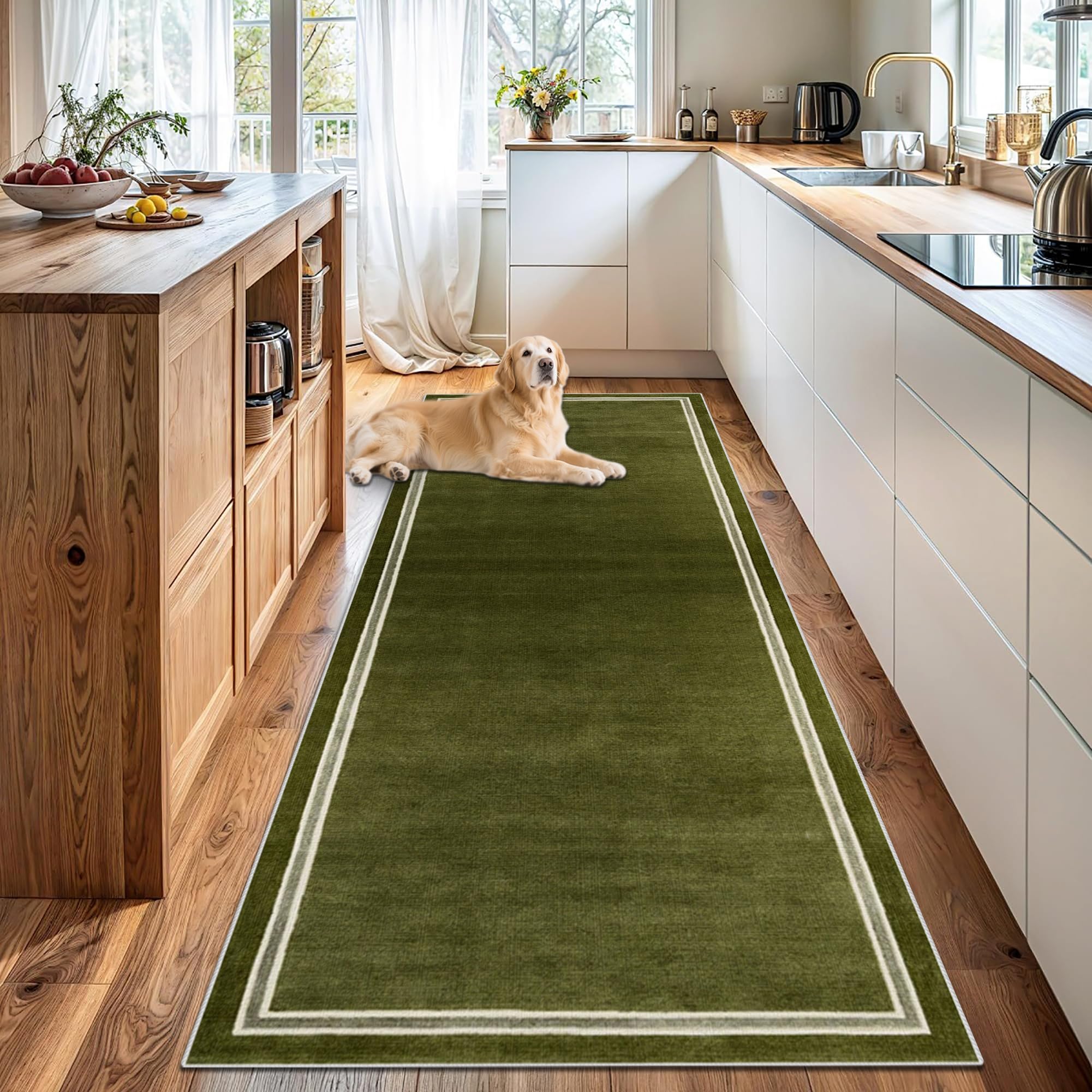 Tapis Couloir Long Tapis de Passage Couloir Paillasson Tapis de Cuisine Devant Evier Lavable Antiderapant Tapis Entree Interieur 90 x 150 cm Vert Tapis de Sol pour Couloir Cuisine Chambre