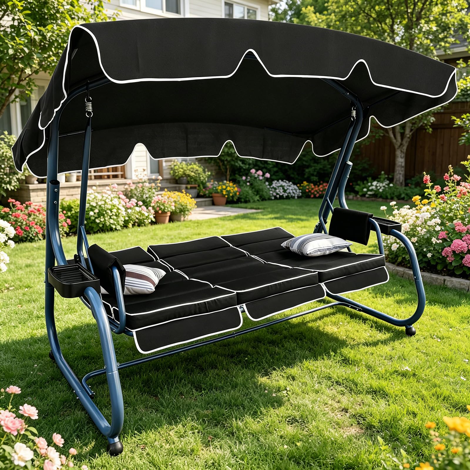 RANSENER Luxus 3-Sitzer Hollywoodschaukel mit Liegefunktion und Verstellbarem Sonnendach - Premium Gartenschaukel für Garten und Terrasse