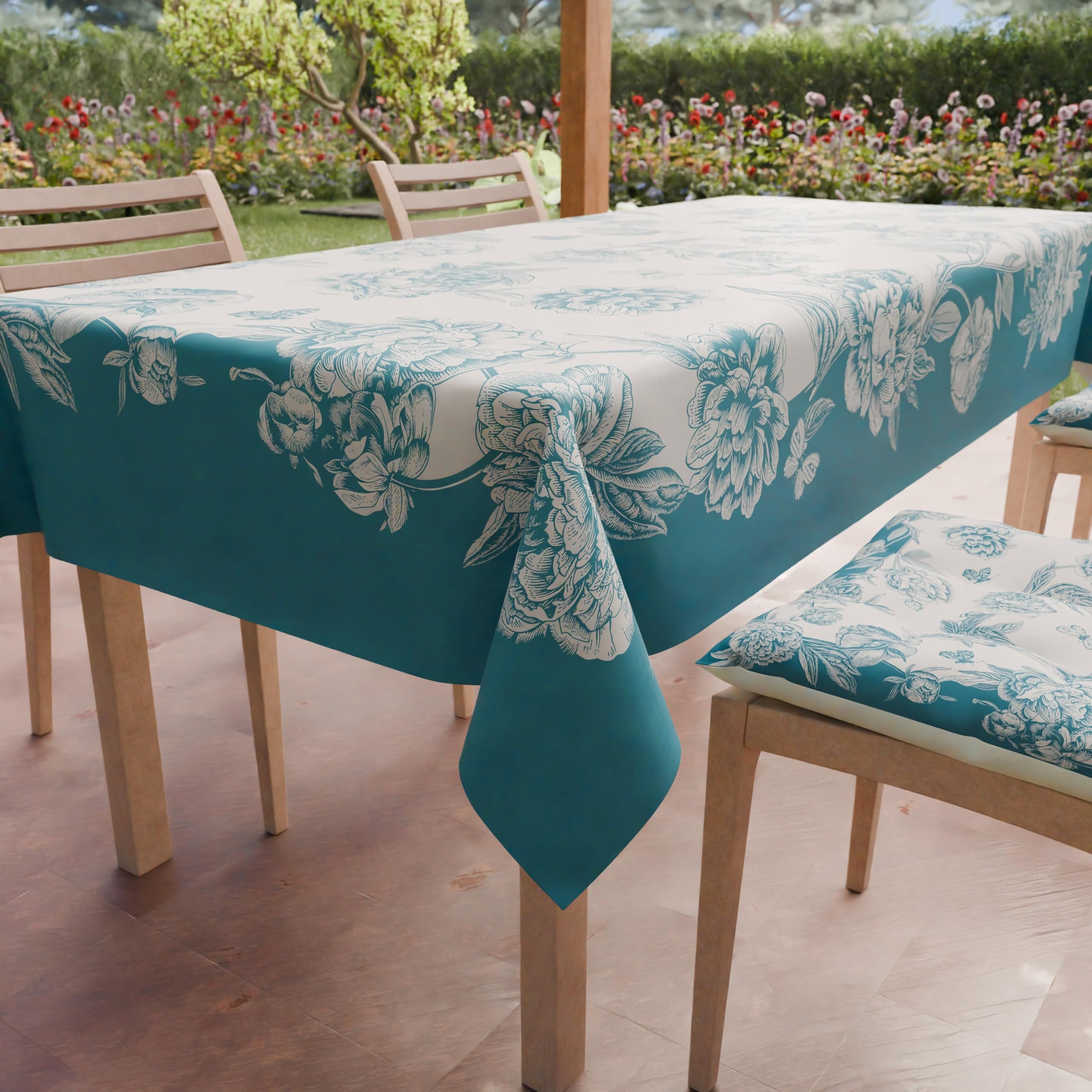 PETTI Artigiani Italiani - Stain Resistant Square Tablecloth, Kitchen Table Cover Peonies Design Teal X4 Places (140 x 140 cm)