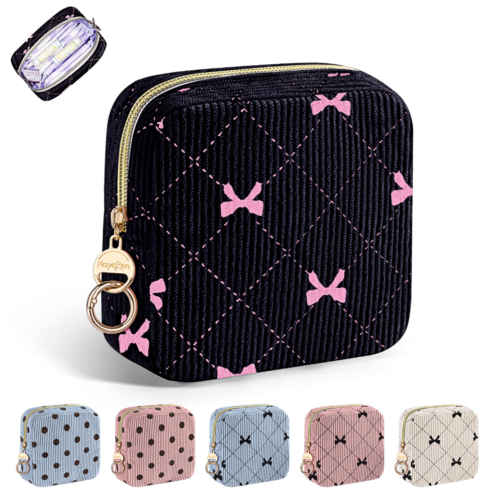 Period Bag for Teen Girls, Corduroy Sanitary Napkin Pouch, B-Black