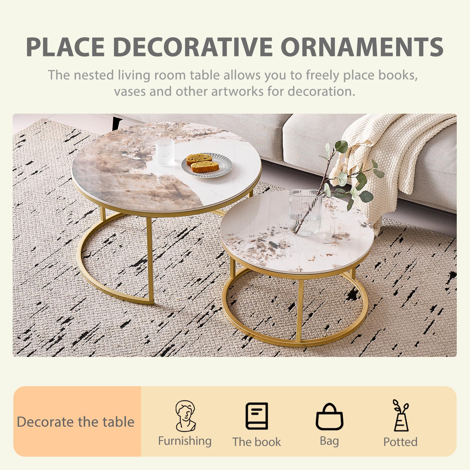 GrandCA HOME Tables Basses Rondes gigognes, Lot de 2 avec Cadre en métal doré pour Salon Moderne, 60 cm et 80 cm Tables d'appoint Pandora en Pierre frittée
