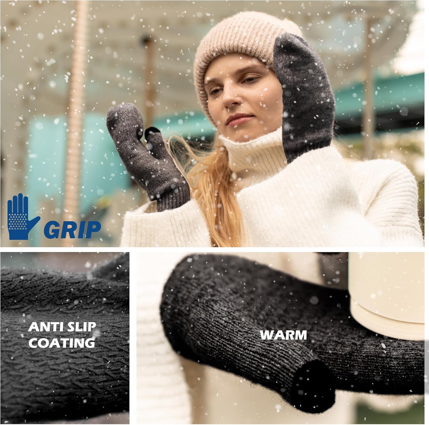 Rahhint Alpaca Wool Mittens for Women Men Double Layer Fleece Lining Winter Gloves Touch Screen Windproof Warm Gloves Gifts Size-L - Image 6