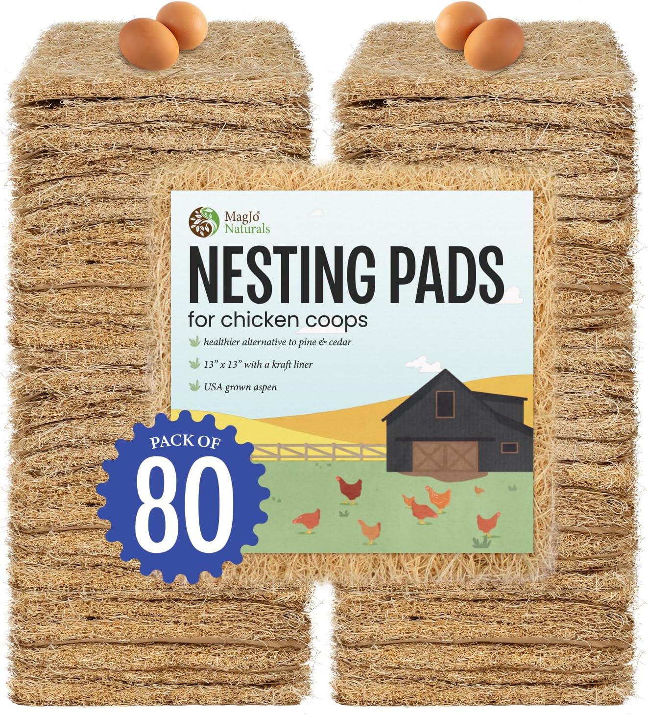 MagJo Aspen Nesting Pads for Chicken Coops - USA Grown Aspen Excelsior Nest Box Liners 13x13-80 Pack