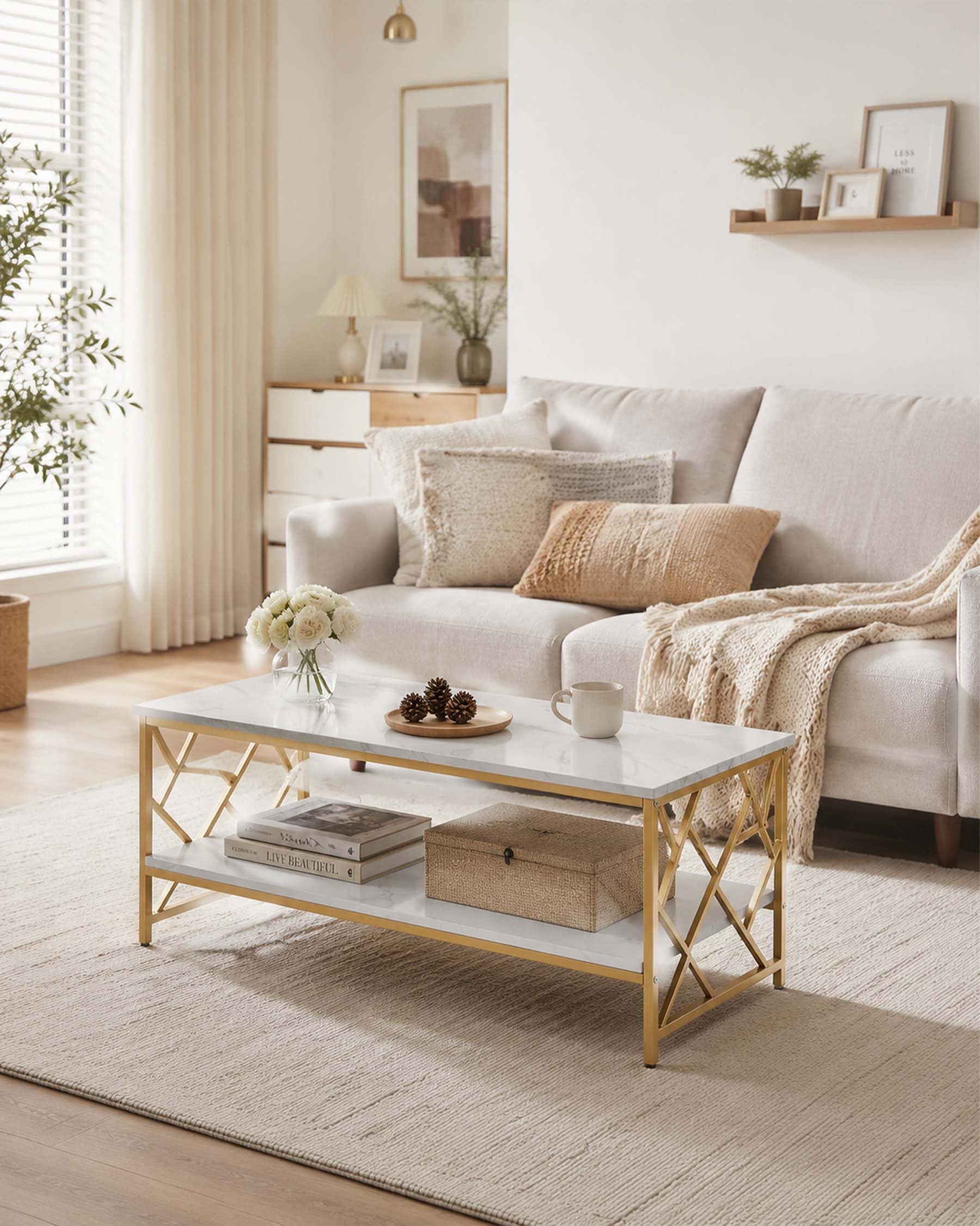 Mesa de Centro Almacenamiento Mesa Café Blanca Salón, Mesa Centro Pequeña Ahorro de Espacio, Doble Estante Auxiliar Sofá Mesa de Té Moderna, Madera Ajustable, 110x50x45cm