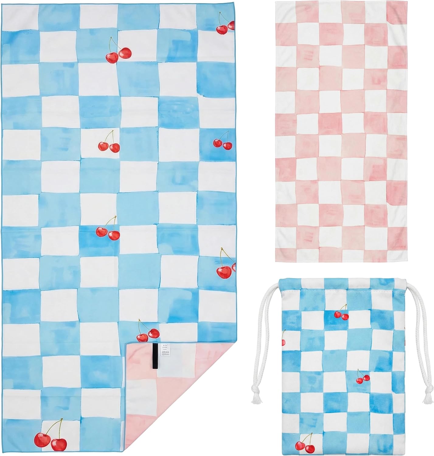 Microfiber Beach Towel Oversized w/Travel Bag, 71 * 36'' Double Print Quick Dry XL Beach Towels for Cruise Pool Yoga Gym Gift, Lightweight Absorbent Sandproof Beach Essentials, Plaid Cherry