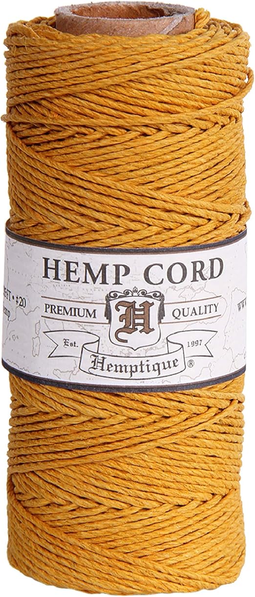 Hemptique 100% Hemp Cord Spool - 62.5 Meter Hemp String - Made with Love - No. 20 ~ 1mm Cord Thread for Jewelry Making, Macrame, Scrapbooking, DIY, & More - Gold