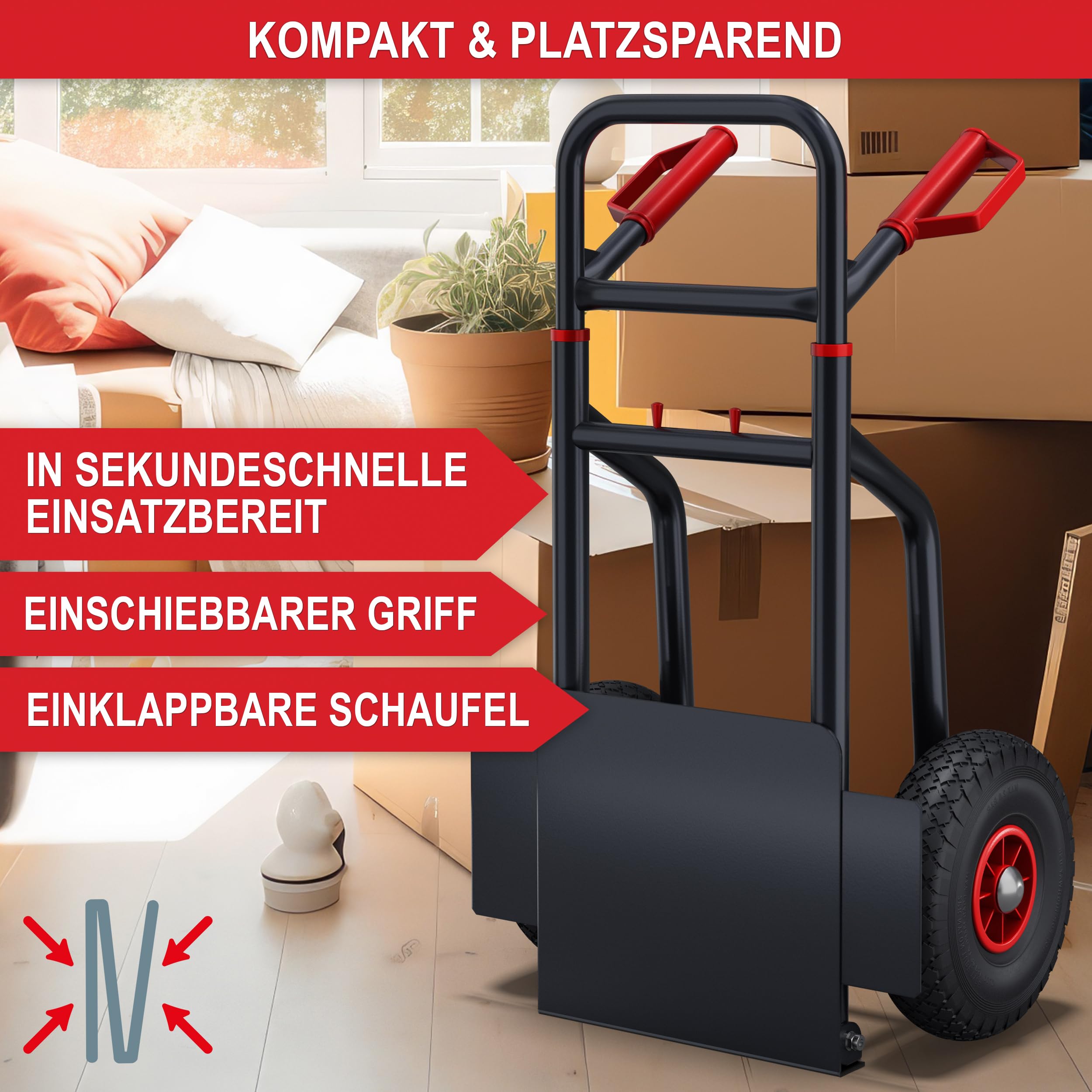 ONBEST Sackkarre klappbar 200 kg – Luftreifen & XL-Schaufel | Klappsackkarre mit leichtem Stahlrahmen und Handgriffen – Lastenkarre, Transportkarre und Trolley für schwere Lasten