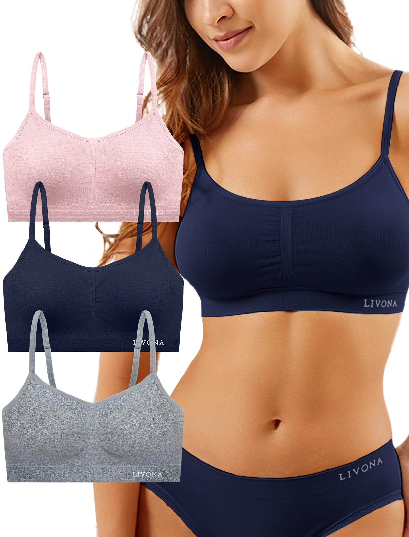 Livona 3 Pack Sports Bras for Women- Wireless Soft Workout Bra, Padded Fitness Bralette, Comfort Crop Cami Tank S-XXL