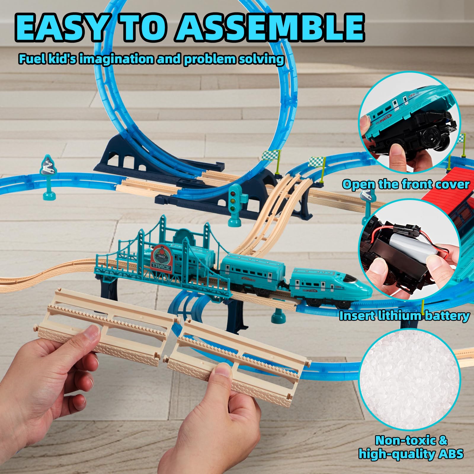 Toy Train Race Track Set - Battery-Powered Electric Toddlers Travel Train Railroad Toy, Glow in The Dark High Speed Raiway Racer Car Track Playset, DIY Birthday Gifts for Kids Boys Girls 3