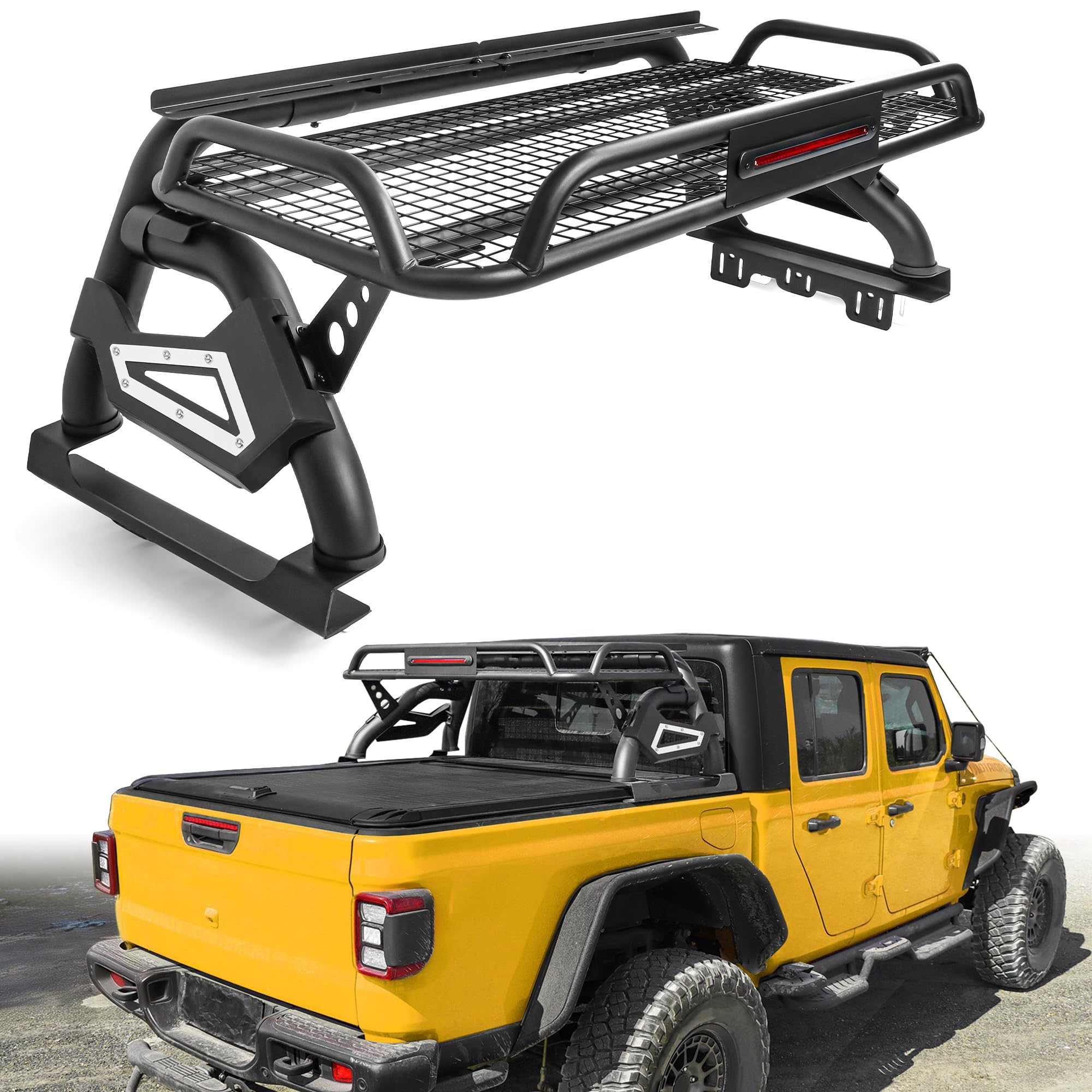 MONOKING Roll Bar with Cargo Basket &amp; Brake Light for Mid-Size Truck, Adjustable 54"-59" Chase Rack Sport Bar for Gladiator JT, Tacoma, Frontier, Canyon, Colorado, Ranger