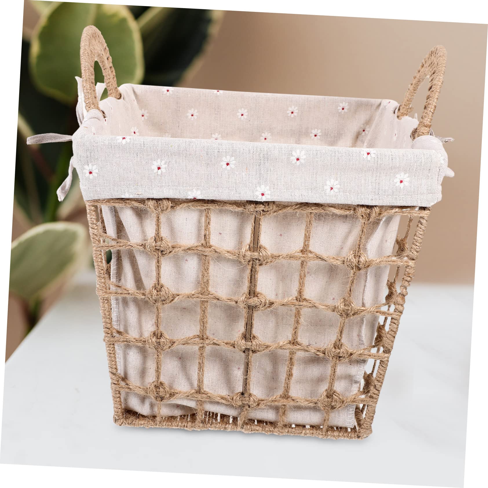 Hemobllo Cesta Organizadora Tejida Pequeña Cuadrada con Asas Dobles y Forro de Tela, Almacenamiento de Fibra Natural, para Hogar y Oficina, Cesta Decorativa Multiusos