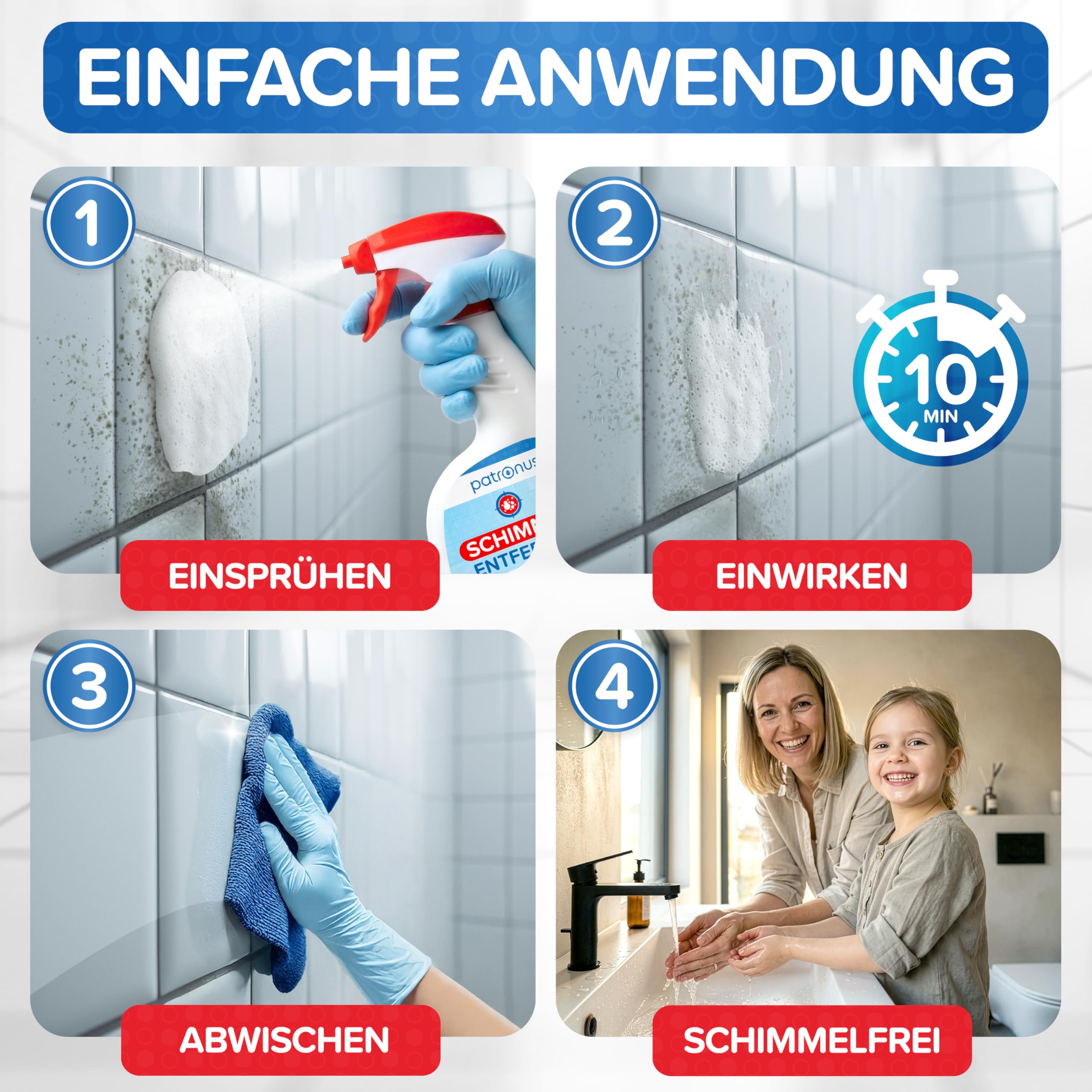 Patronus Profi Schimmelentferner mit Hafteffekt & Sofortwirkung [3x 500 ml] | für Wand, Bad, Fliesen, Fugen & mehr - Effektives Anti Schimmel Spray mit Aktivchlor zum Schimmel entfernen & Fugenreiniger