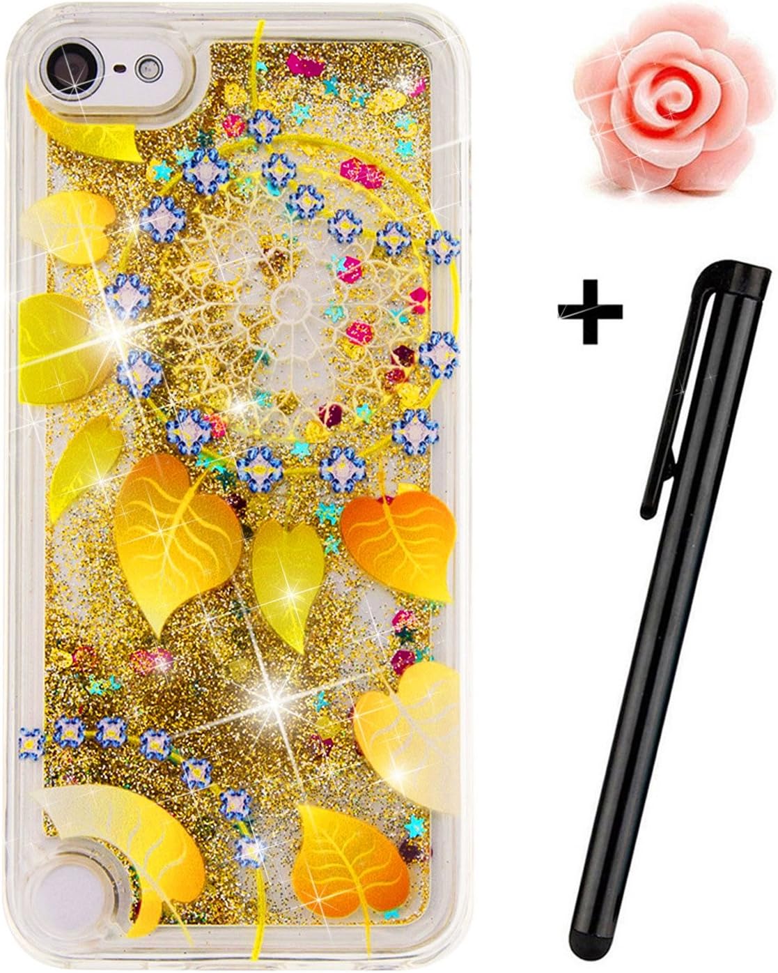 TOYYM iPod Touch 5 Glitter Case, Transparent Clear Floating Sparkle Bling Glitter Case for iPod Touch 6,3D Funny Cute Moving Love Hearts Star Gold leaf Design Tpu Protective Shell Case Cover