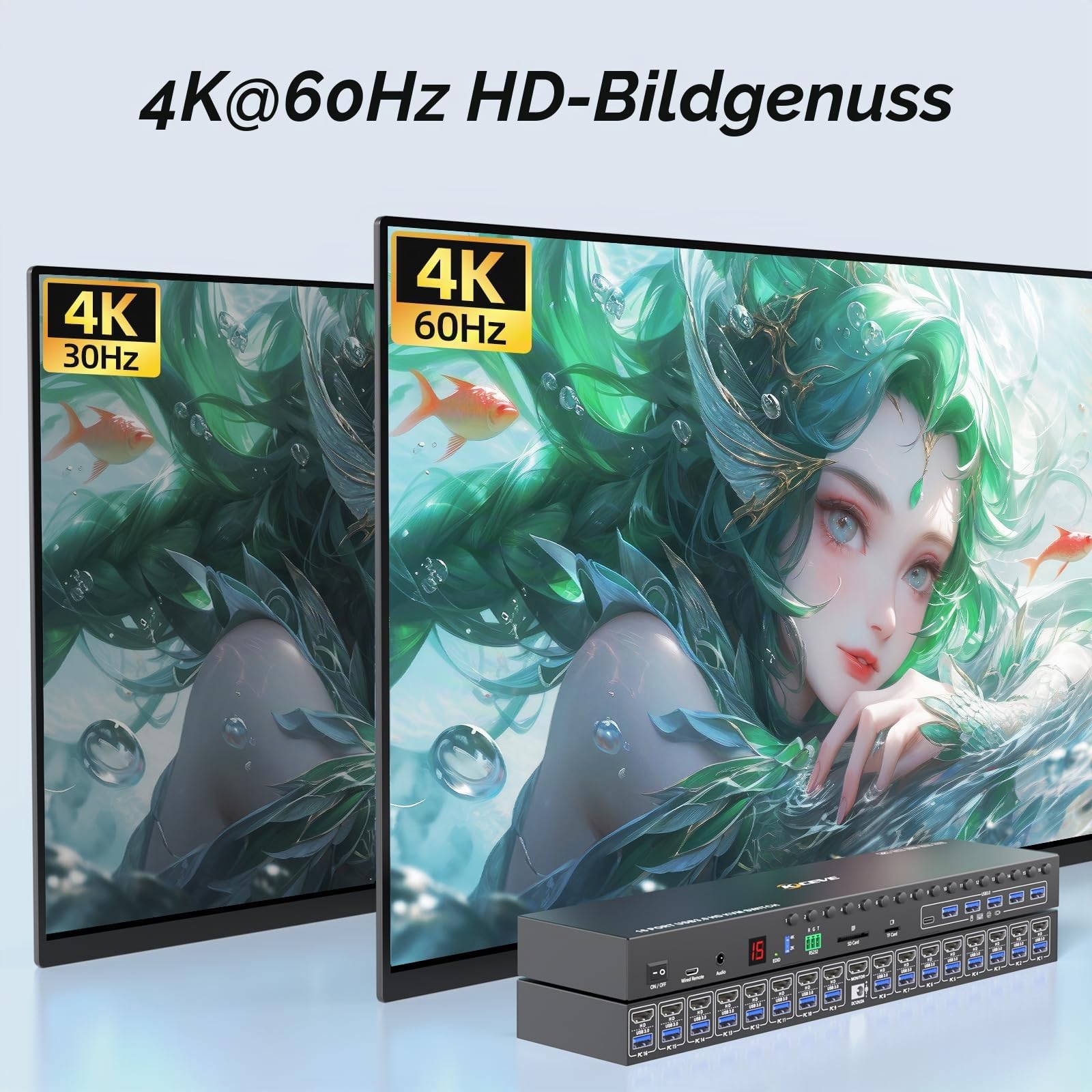 16 Port KVM Switch HDMI 4K@60Hz EDID Simulation, 1U Rack Mount USB 3.0 HDMI KVM Switch für 16 PC/Server, 6 USB 3.0 Ports, TF/SD, Audio,RS232, mit 12V Netzteil, Controller und 16 USB Kabel