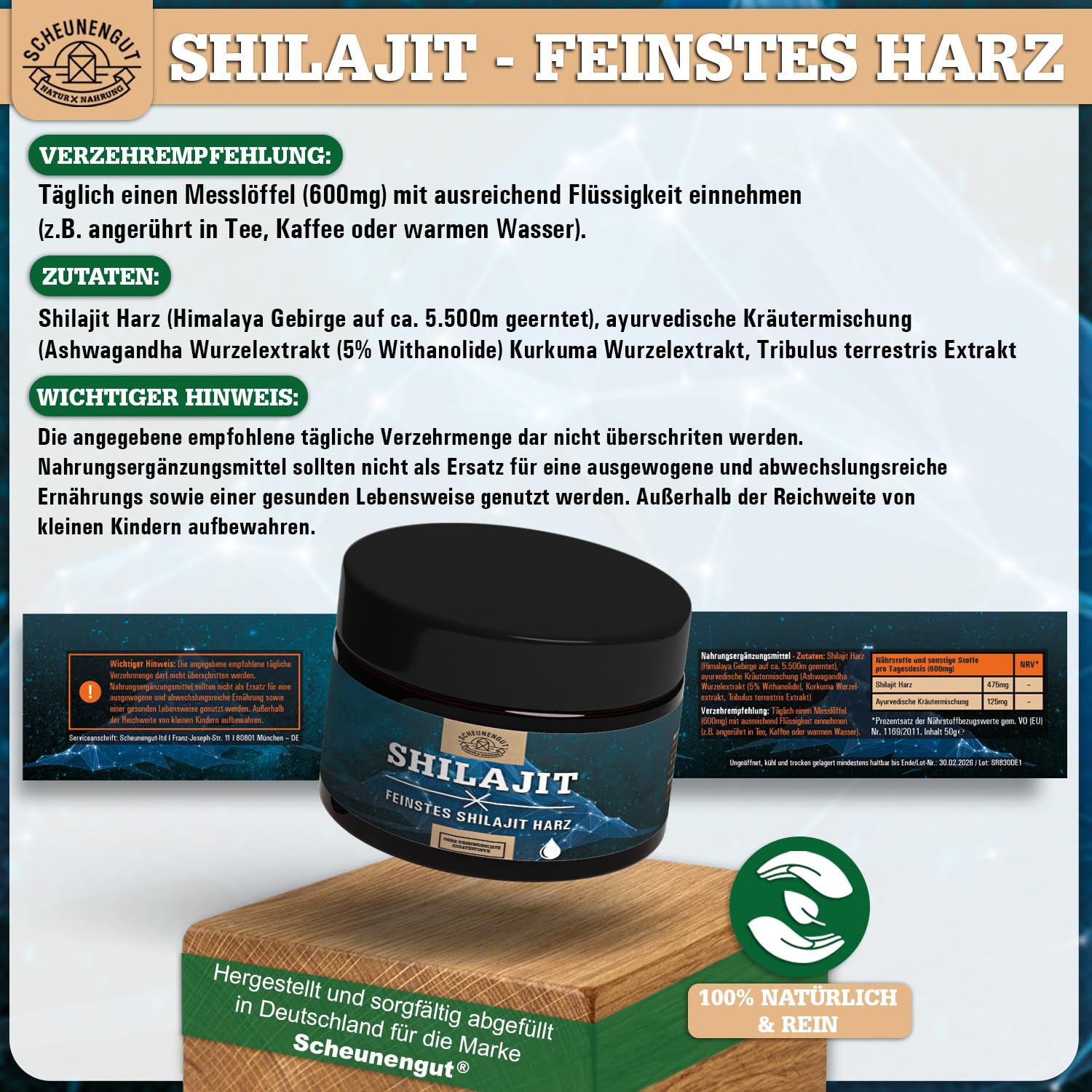 Shilajit Original Resin -WICHTIG: Zertifiziertes Shilajit Harz pur -50g- Herkunft 100% Himalaya aus Handernte +Dosierlöffel -Abfüllung in Deutschland- Laborgeprüft SCHEUNENGUT®