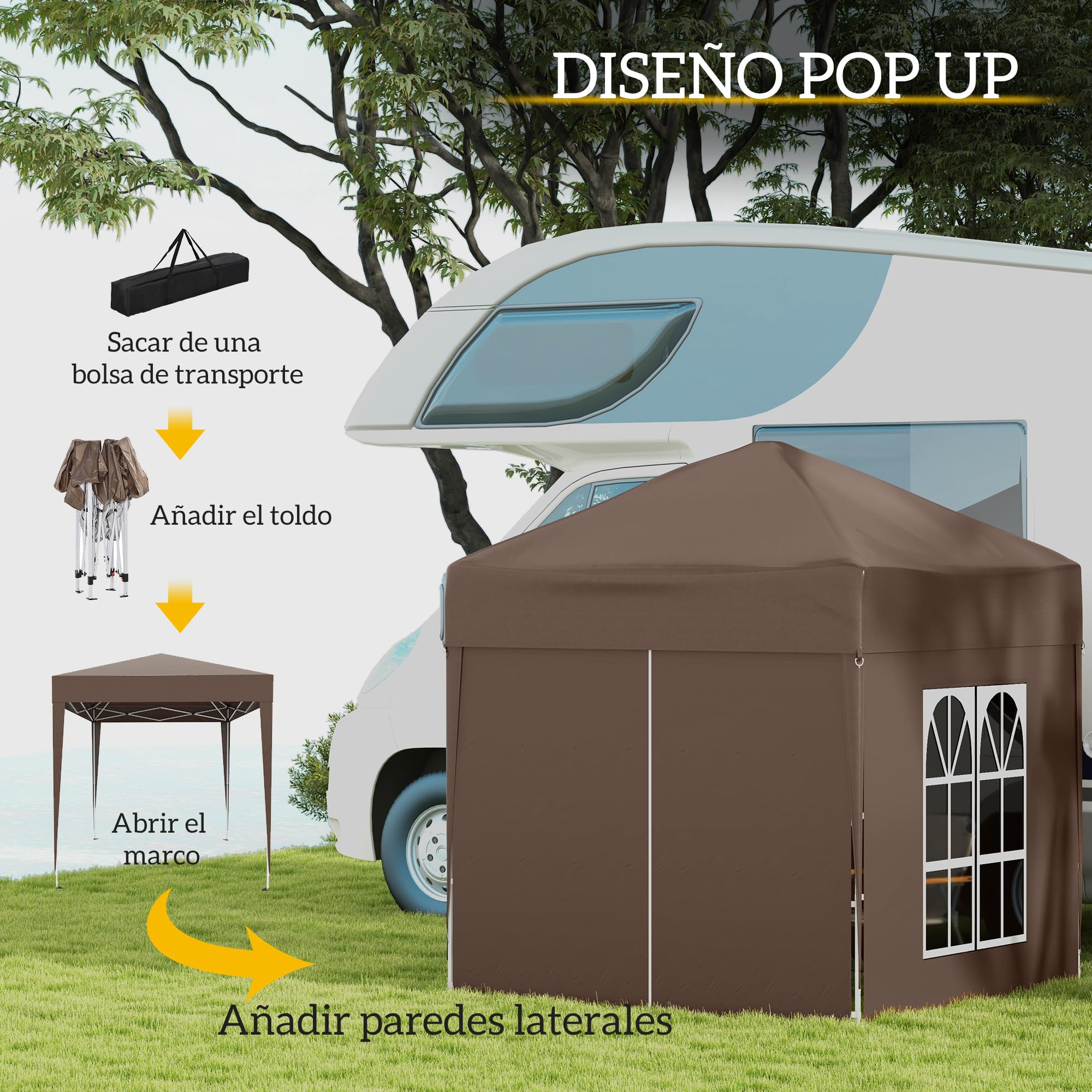 Outsunny Carpa Plegable Pop-up Gazebo 2x2 m Cenador Plegable con 4 Paredes Laterales Anti-UV y Bolsa de Transporte para Camping Fiestas Marrón