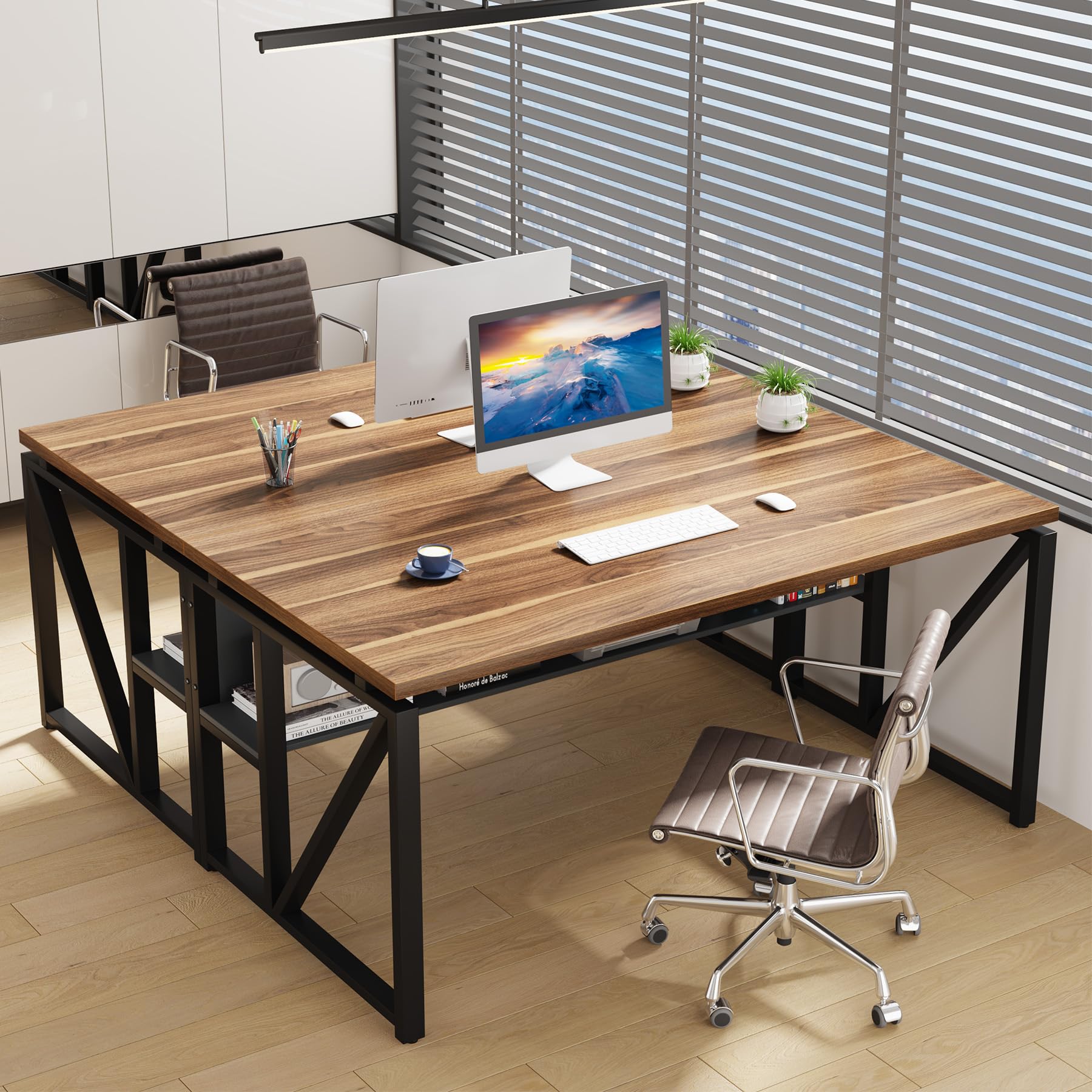 Tribesigns 55 inches Simple Computer Desk,Home Office Desk Writing Table for Workstation,Dark Walnut + Steel Leg， Cabinet not Included (Walnut, 55-