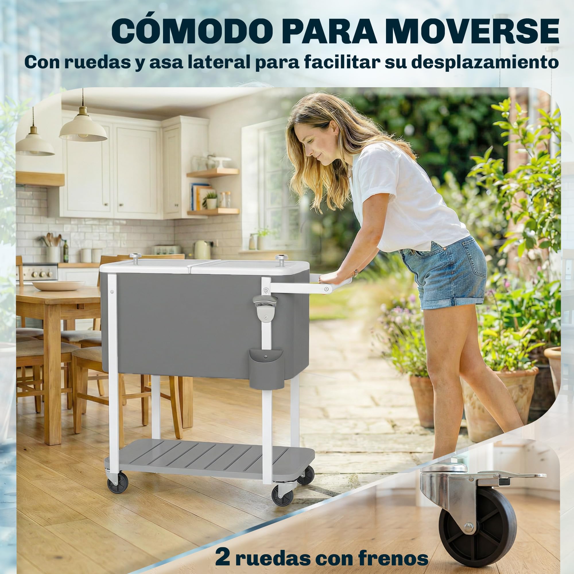 Outsunny Carrito Nevera de 56L con Ruedas, Carro de Bebidas con Estante, Abrebotellas, Recogetapas, Drenaje y Asa, Mesa Nevera Jardín Exterior para Patio, Fiesta, BBQ, 84x38x83 cm, Gris