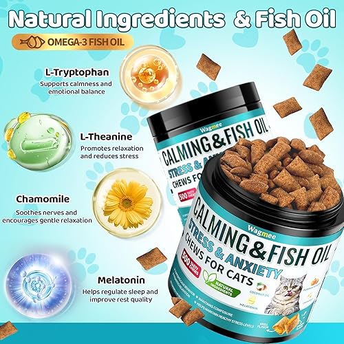 Miniatura 4 de Wagmee Golosinas calmantes para gatos, 500 masticables crujientes y cremosos para gatos con melatonina, manzanilla para aliviar el estrés y la