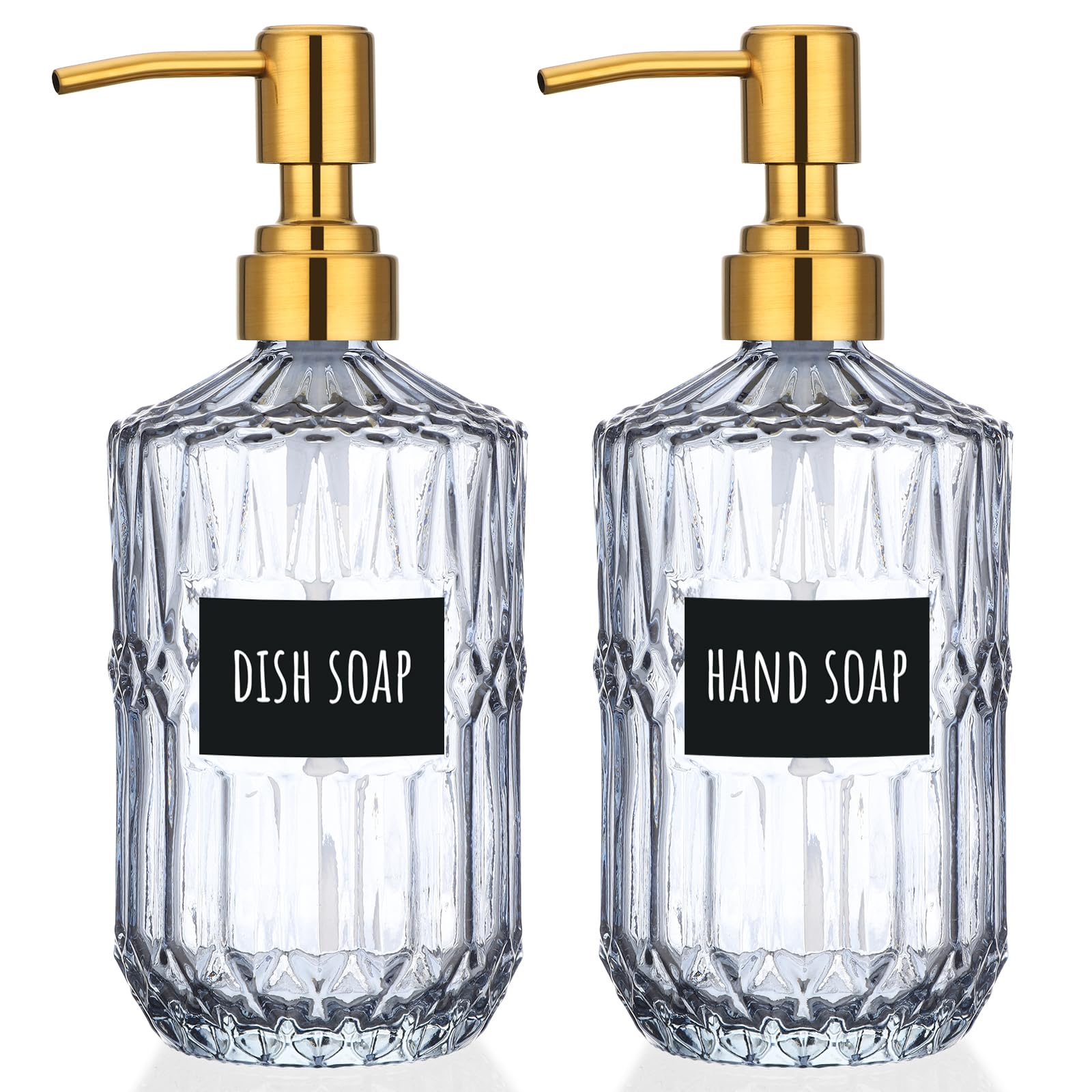 Segbeauty 15.2oz Glass Soap Dispenser Bathroom Bottle, 2pcs Gray Shampoo and Conditioner Dispenser with Labels, 450ml Pump Bottle for Kitchen, Lotion Cream Container with Golden Stainless Steel Pump