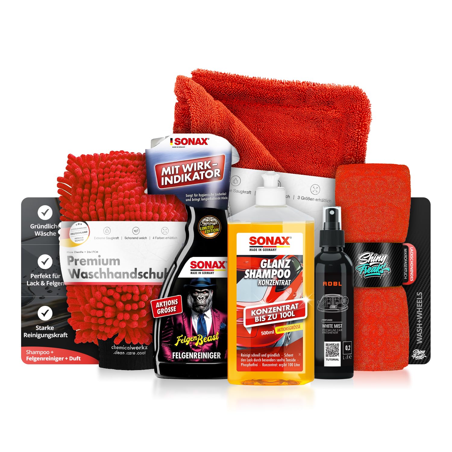Autowäsche Set – SONAX Glanz Shampoo Konzentrat 500 ml + FelgenBeast Felgenreiniger 500 ml + Waschhandschuh + Trockentuch + Mikrofasertuch + Duftspray – Auto Waschset, Autoreinigungsset Außen, 6-tlg.