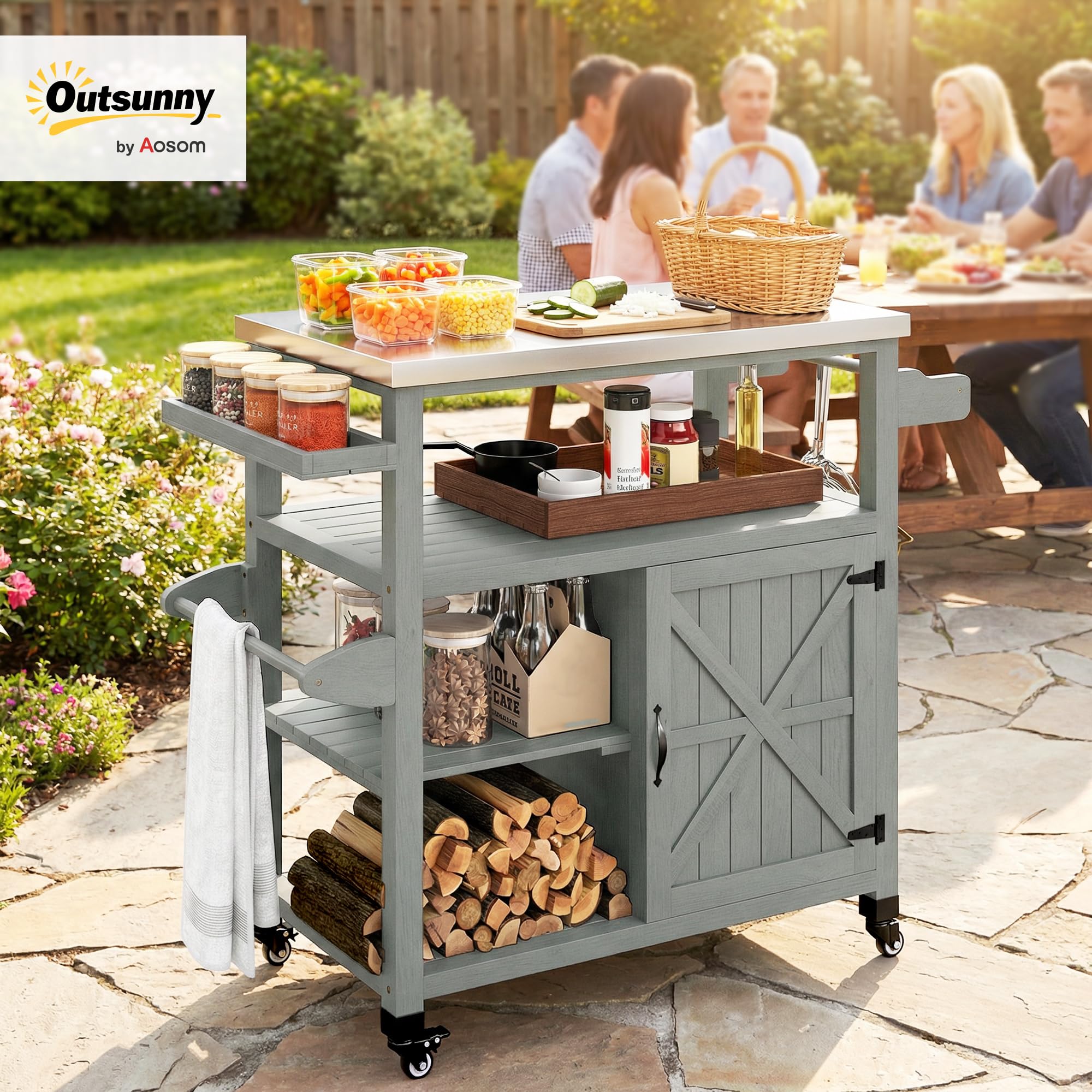 Outsunny Desserte Jardin Chariot de Barbecue sur roulettes îlot de Cuisine en Bois Plateau en Acier Inoxydable Placard étagères Ouvertes Porte-épices Porte-Serviettes décapsuleur 107x49,5x92,5cm Gris
