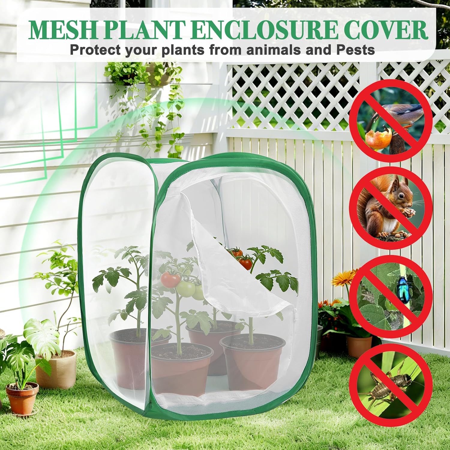 Gardon Mesh Plant Enclosure, Pop-Up Mesh Plant Cover from Pests, Birds, Animals, Plant Netting Cage for Tomato, Fruit, Vegetables, Flowers with Zipper Door 24 x 24 x 36 Inch