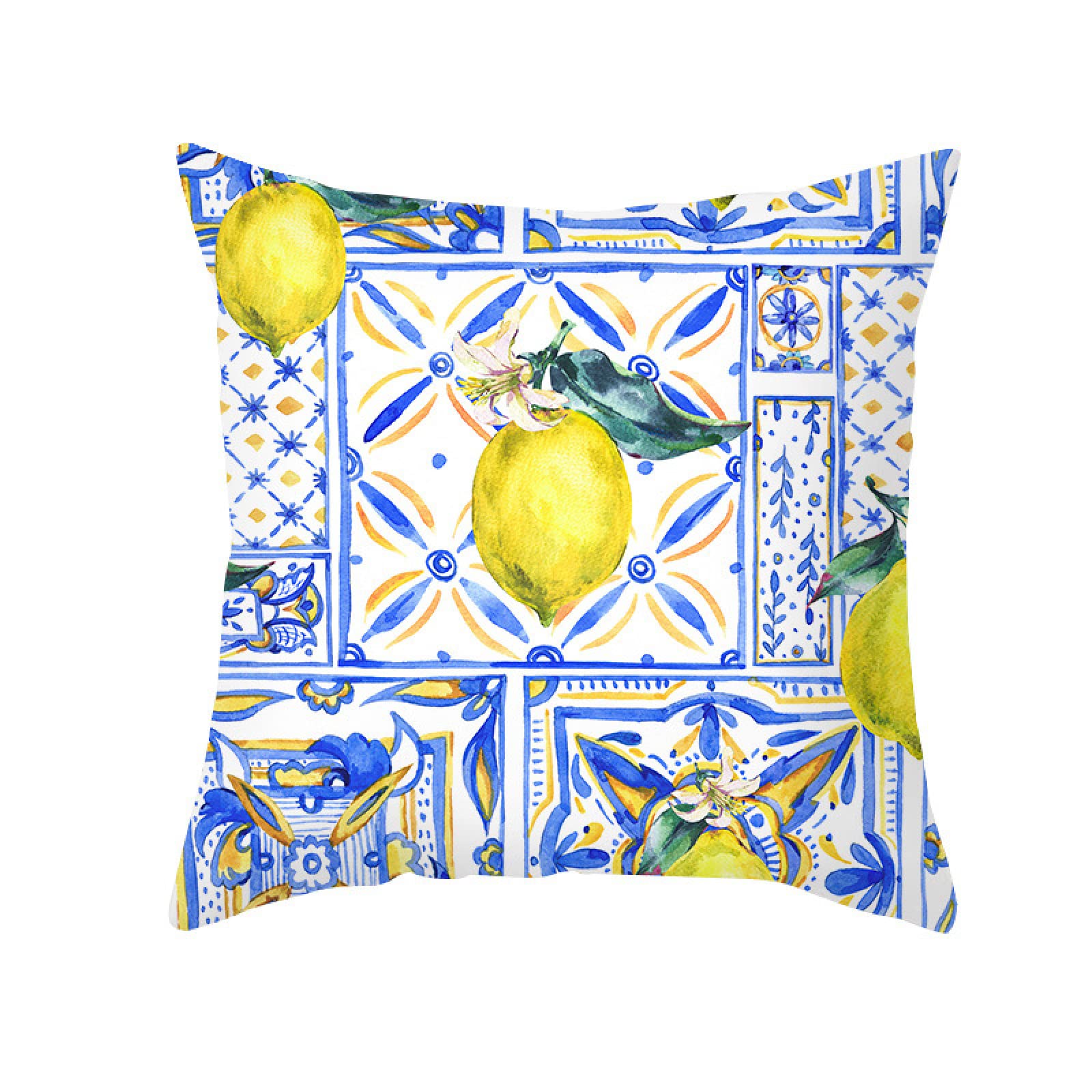 Cushion Covers Blue Geometry Lemon Pillow Cases Soft Linen Cushions with Covers Included Washable Sofa Cushions with Invisible Zip Pillowcase Breathable Pillow Cover 60x60 Cushion Cover 1 Pack