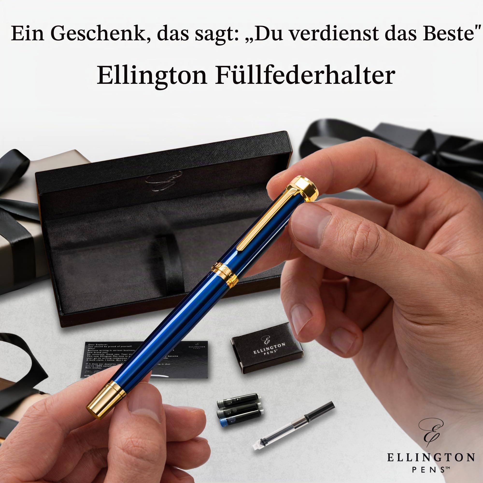Ellington Pens Luxus Füllfederhalter Set - Füllfederhalter zum Schreiben - Glatte Feine Feder - Inklusive nachfüllbarem Tintenkonverter, 3 Tintenpatronen [Schwarz & Blau], Geschenkbox - Elegante