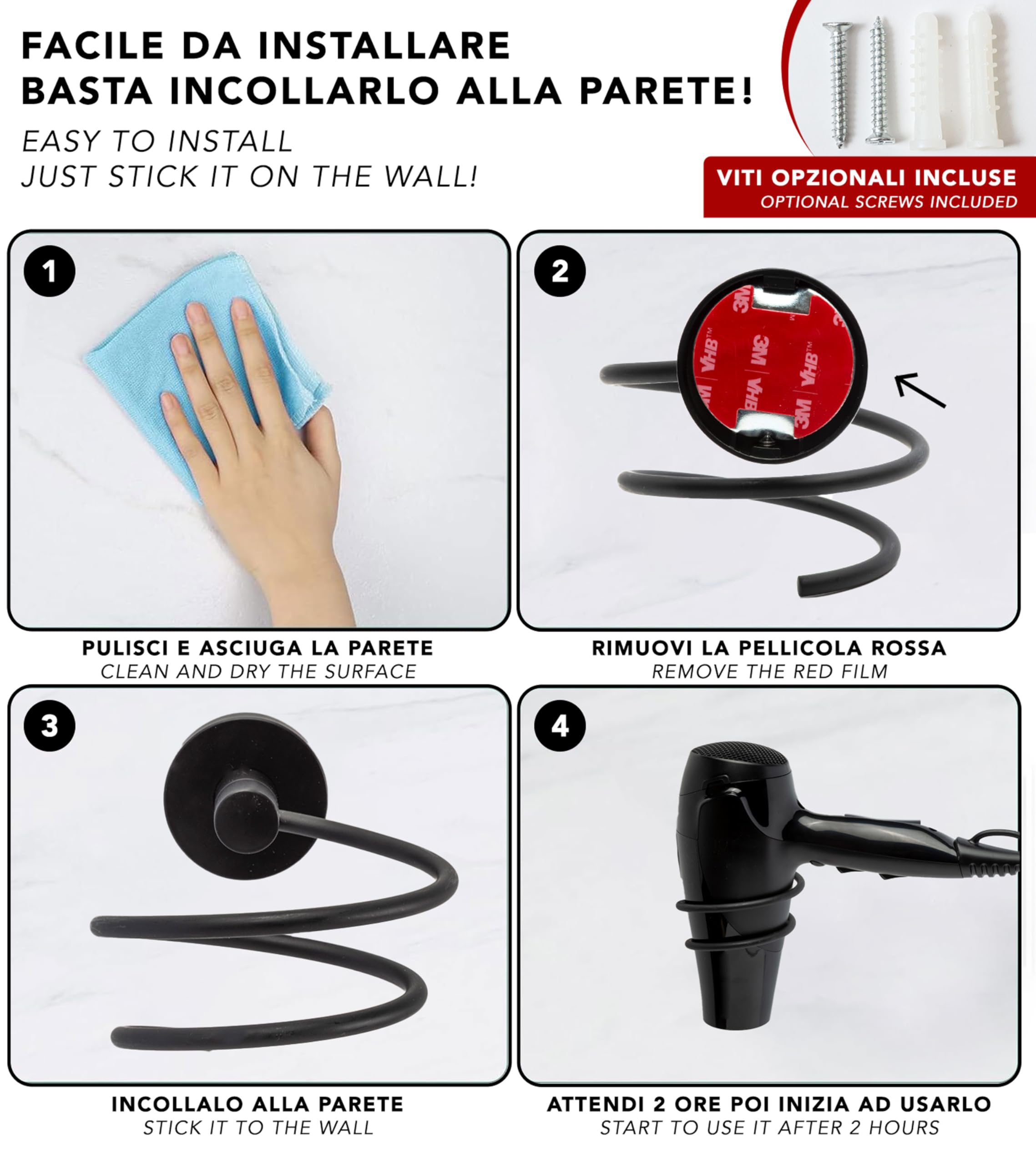IPEA Porta Asciugacapelli Autodesivo da Parete - NON NECESSITA FORATURA - Design Moderno - Elegante Porta Phon Adesivo da Muro per Phon da Incollare in Bagno e Casa - Supporto