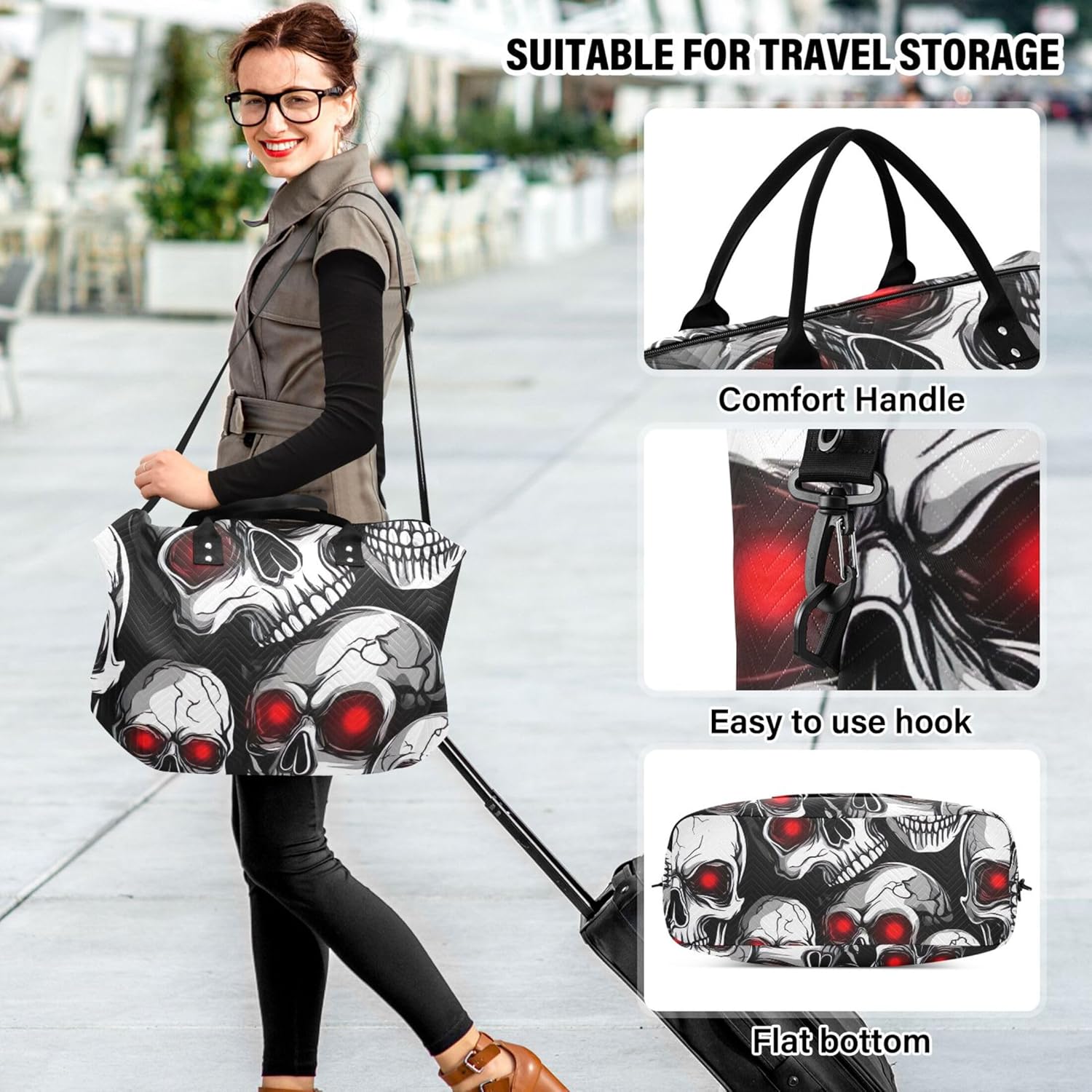 ホワイトヒューマンスカルレッドブラックダッフルバッグトラベル&amp;トイレタリーポーチ2個セット、アニマルプリントジムトートバッグ