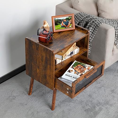 Miniatura 6 de Lerliuo Juego de 2 mesitas de noche de ratán, mesa auxiliar bohemia con cajón abierto, mesa auxiliar de noche con patas de madera maciza para