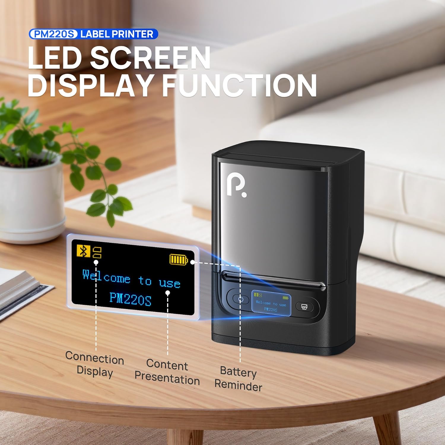 Image showing the LED screen display functions of the POLONO PM220S label printer.