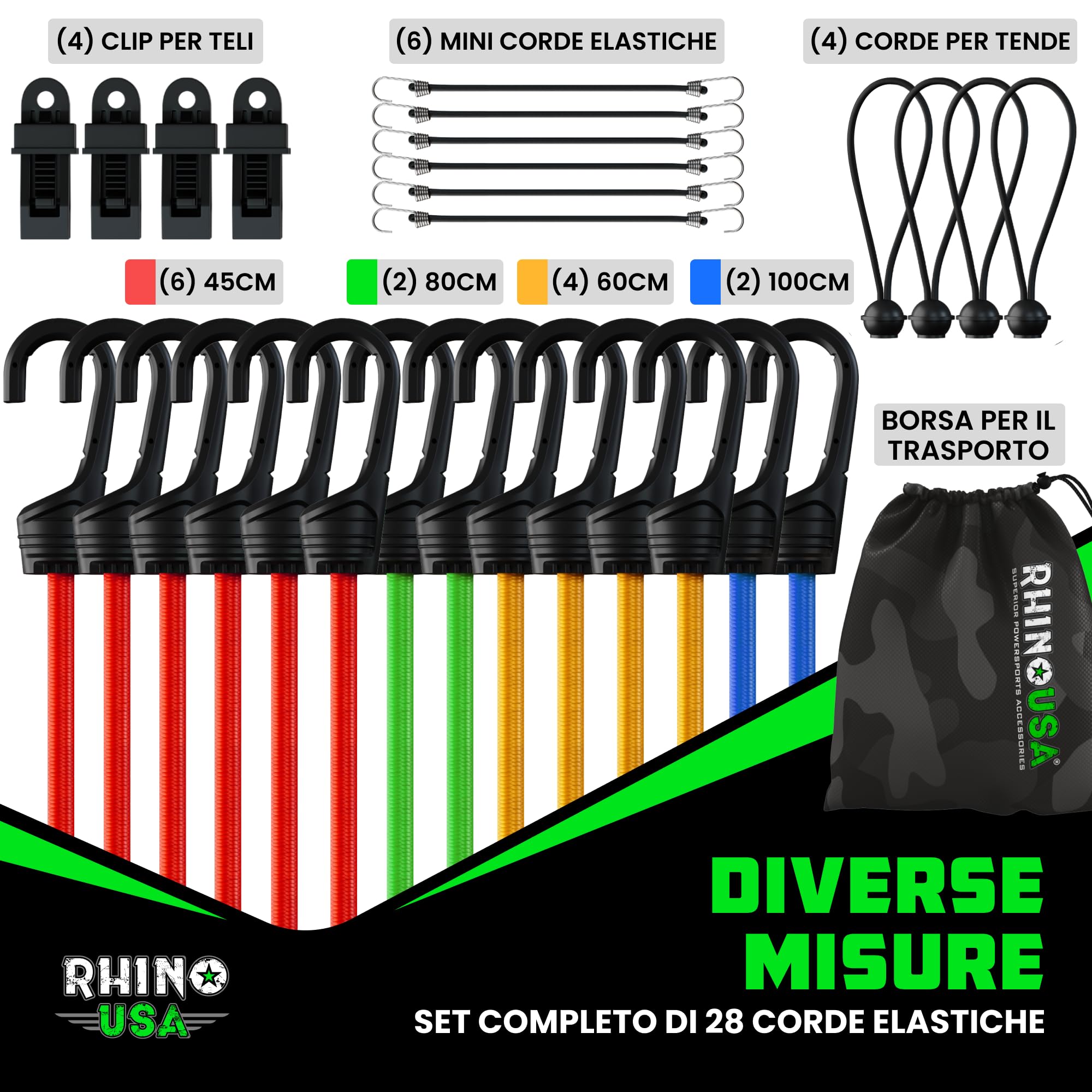 Rhino USA Corde Elastiche con Gancio (28 Pezzi) Elastico con Ganci Corte e Lunghe - 4 Clips per Telo Gratuito, Sacchetto con Corda Elastica con Gancio Legature per Tende - Resistenti ai Raggi UV