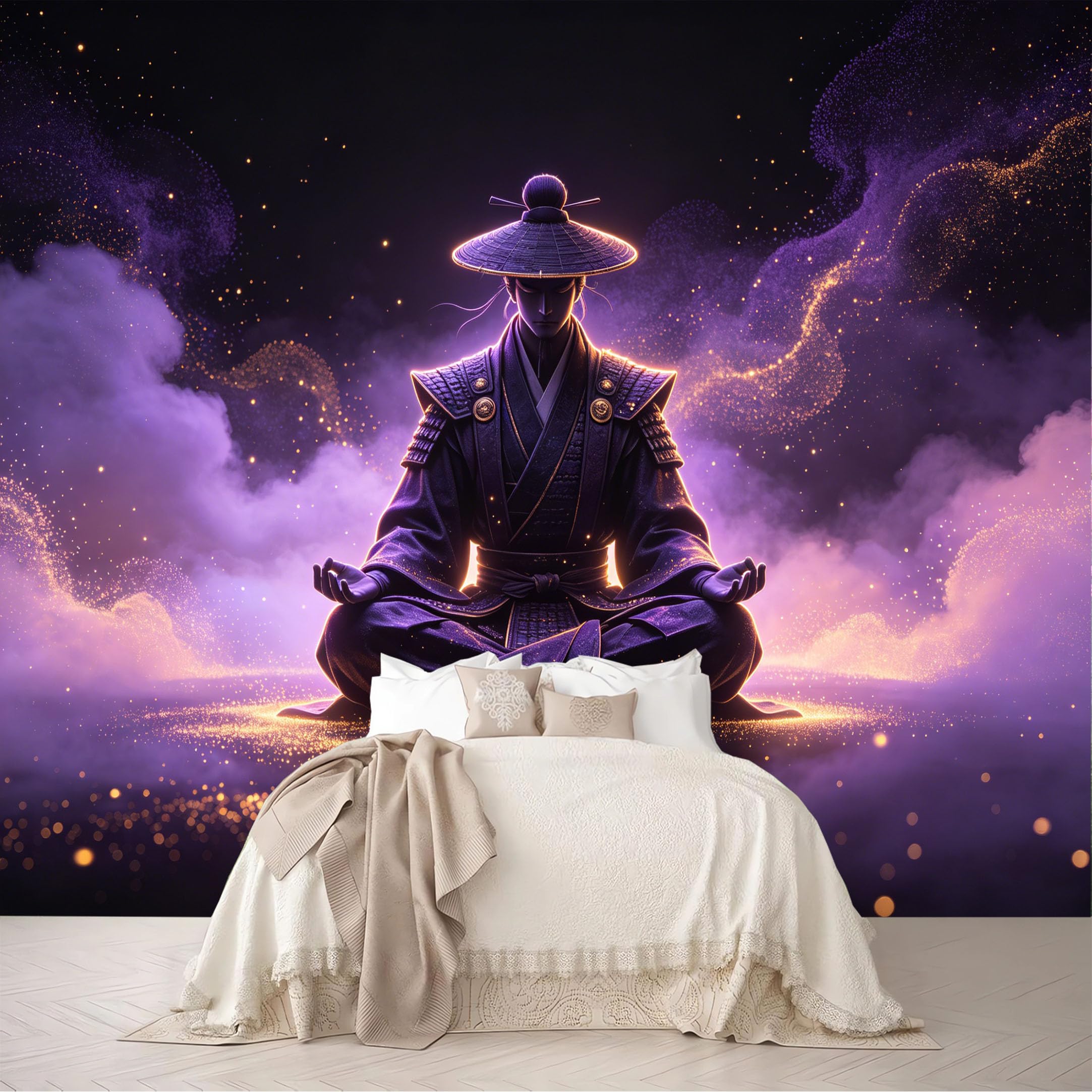 Custom Size Wall Murals Purple Glow Meditating Samurai Starry Cloud Portrait Removable Self-Adhesive for Bedroom Living Room Dining Room